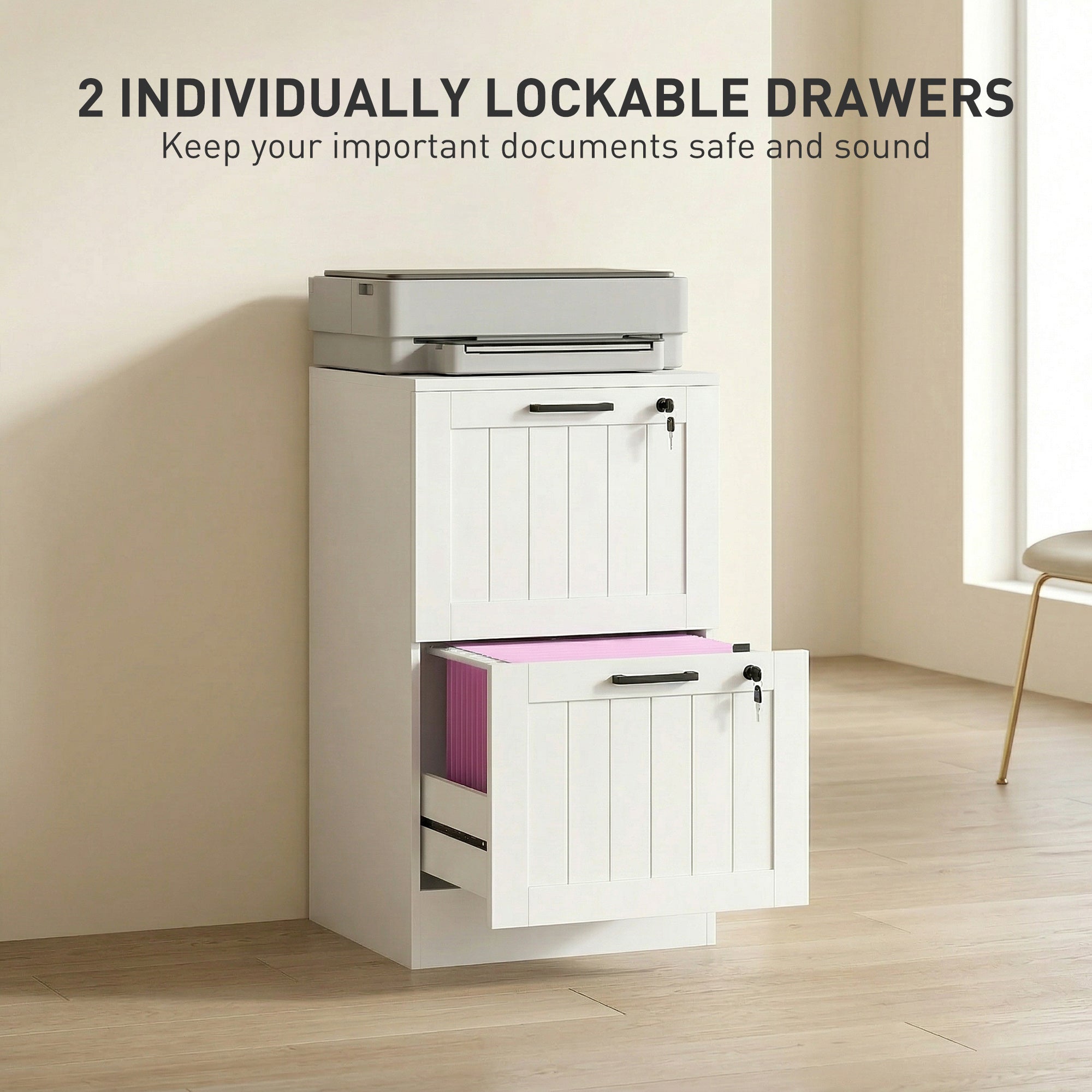 HOMCOM 2 Drawer Filing Cabinet with Lock, Office Storage Cabinet with Adjustable Hanging Bars for A4 Letter Size Files, White