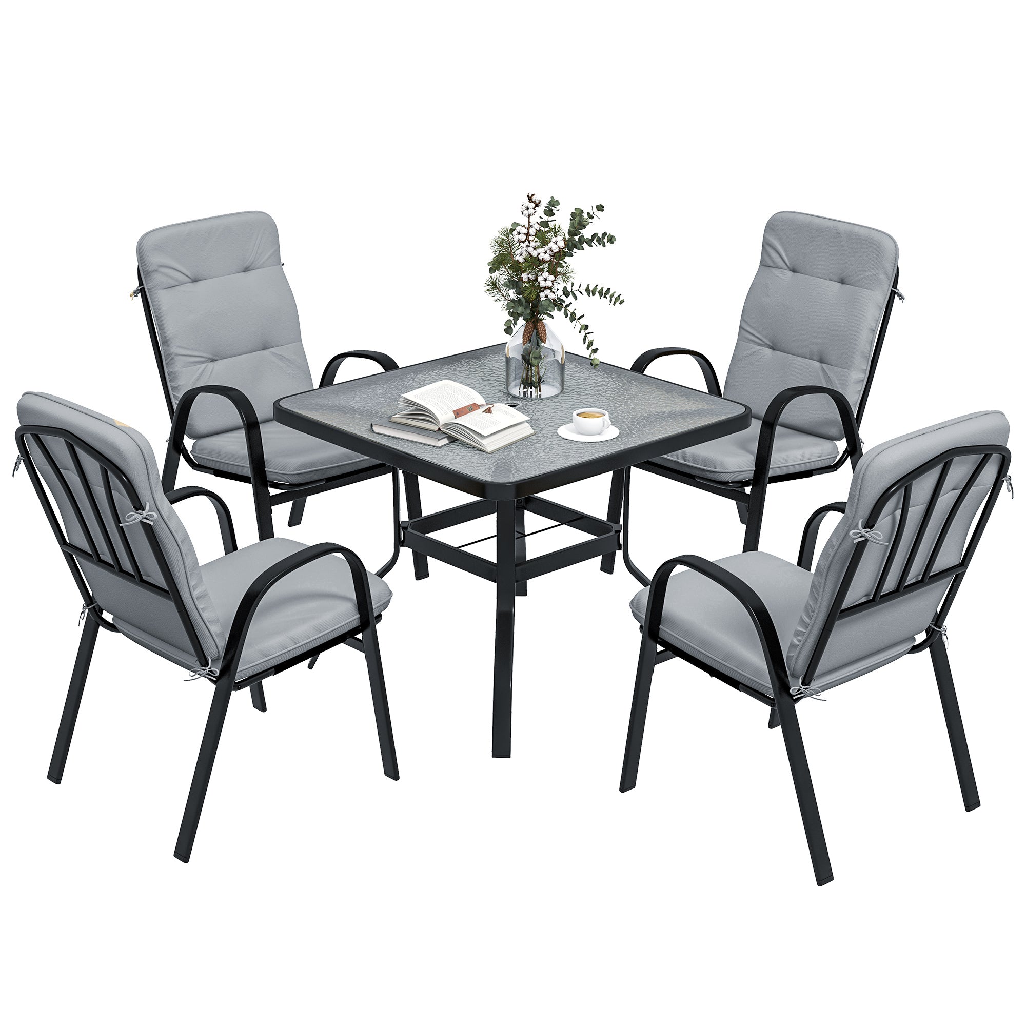 Outsunny 5 Pieces Outdoor Square Garden Dining Set w/ Tempered Glass Dining Table 4 Cushioned Armchairs, Umbrella Hole, Grey
