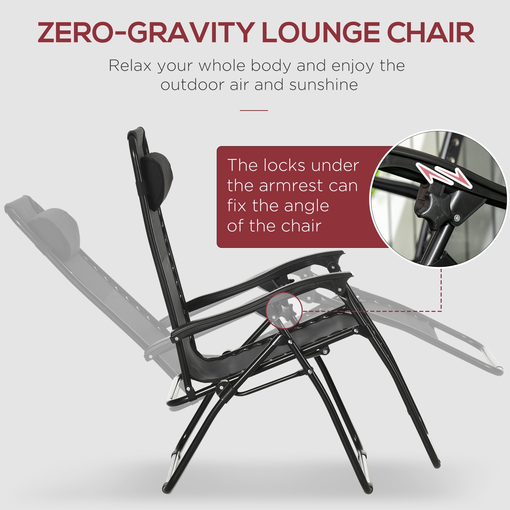 Outsunny Garden Recliner Chairs Set of 2, Outdoor Foldable Zero Gravity Chairs Set w/ Footstool and Detachable Headrest, Black - North Peak Garden Furniture