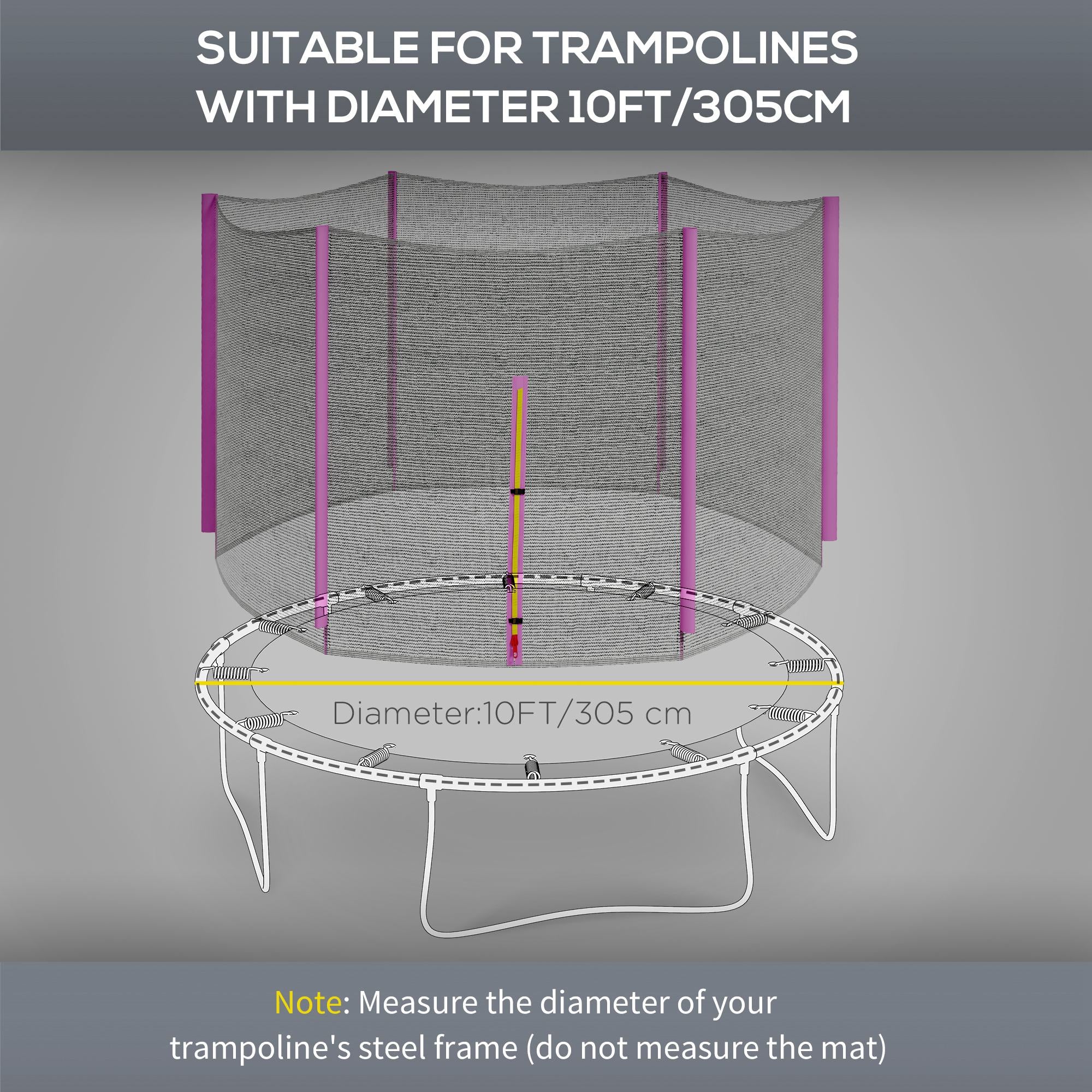 SPORTNOW 10ft Trampoline Net Replacement with 6 Plastic Pole Covers, Weather-Resistant Trampoline Netting Replacement with Zipped Entrance, Poles Not Included, Pink - North Peak Garden Furniture