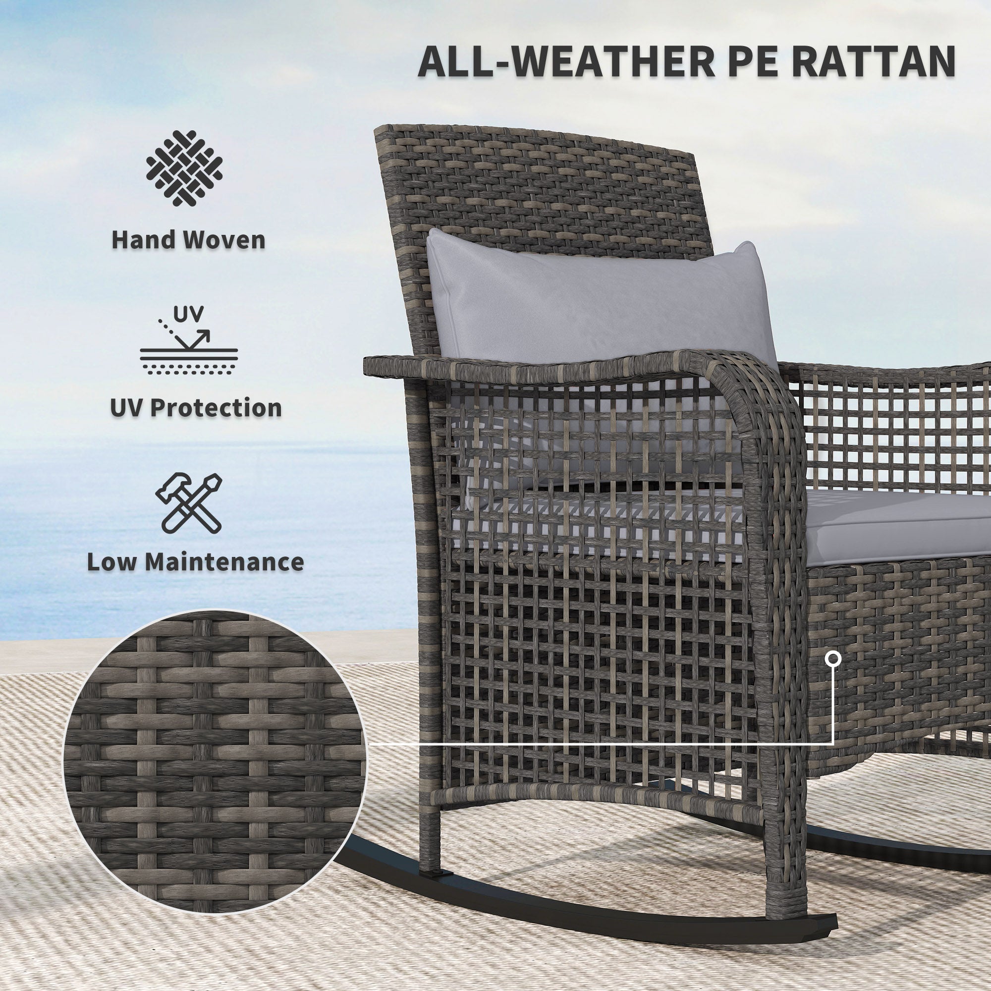 Outsunny Garden Rocking Chair, Outdoor Rattan Rocker Lounge Chair with Seat and Back Cushions, Patio Armchair Seat with All-weather Wicker, Steel Frame for Porch Balcony, Light Grey - North Peak Garden Furniture
