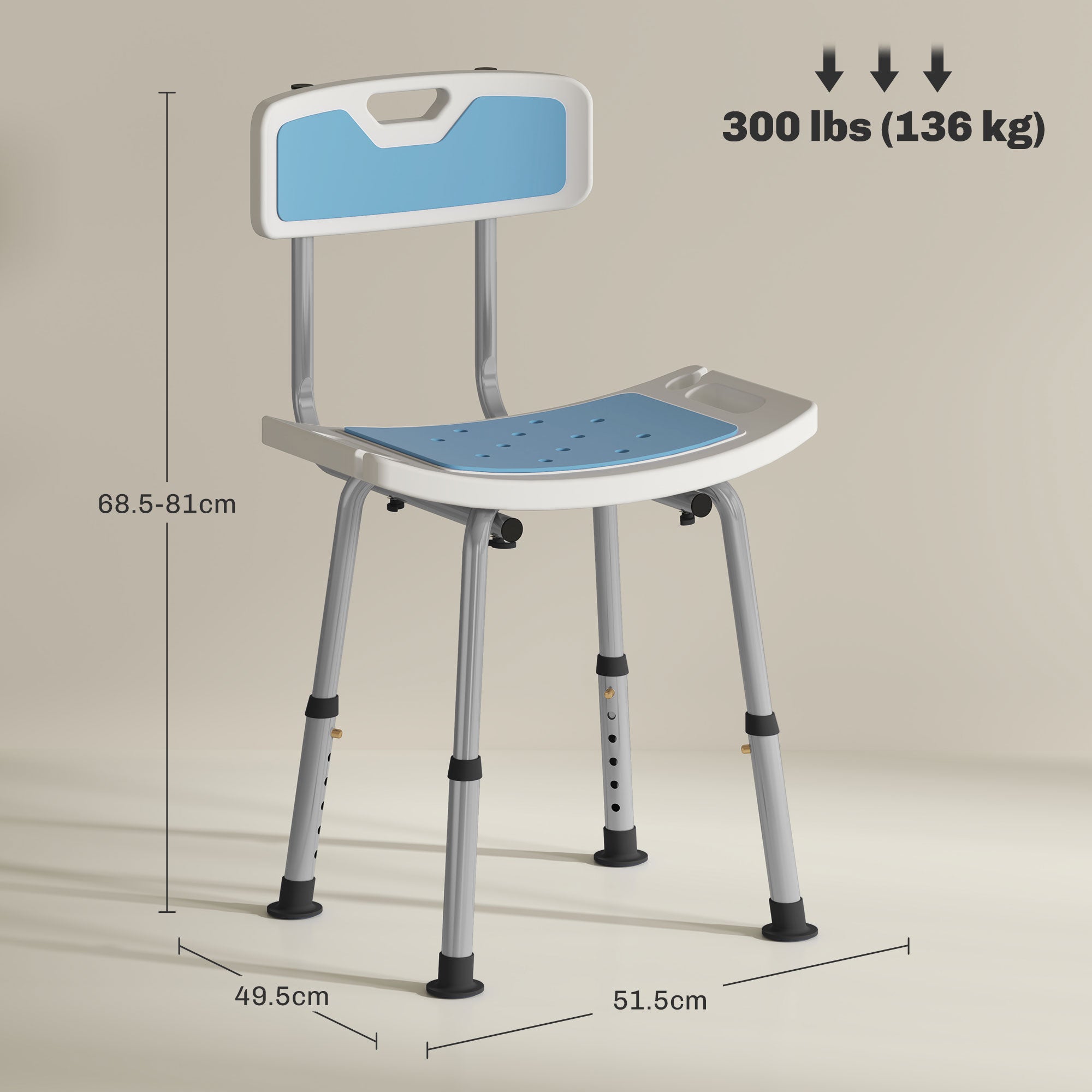 HOMCOM Shower Stool with Backrest, Height Adjustable Shower Chair with Anti-slip Foot Pads, Shower Head Holder, Light Blue - North Peak Garden Furniture