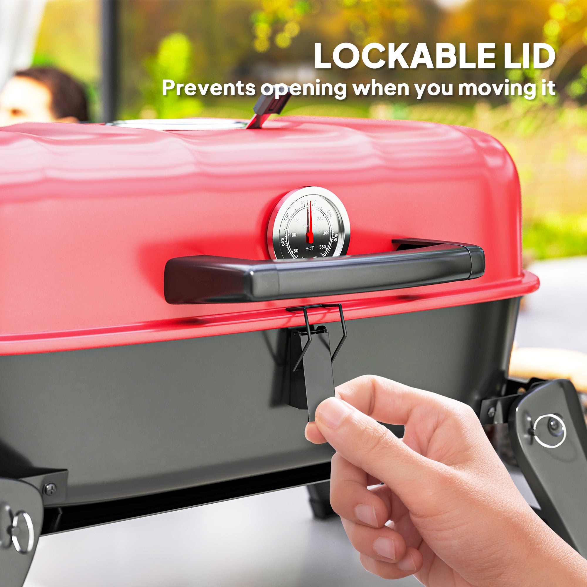 Outsunny Charcoal Barbecue Grill Folding BBQ Grill with 1232 cm² Cooking Area, Adjustable Vent, Thermometer, Handles for Camping Picnic, Red - North Peak Garden Furniture