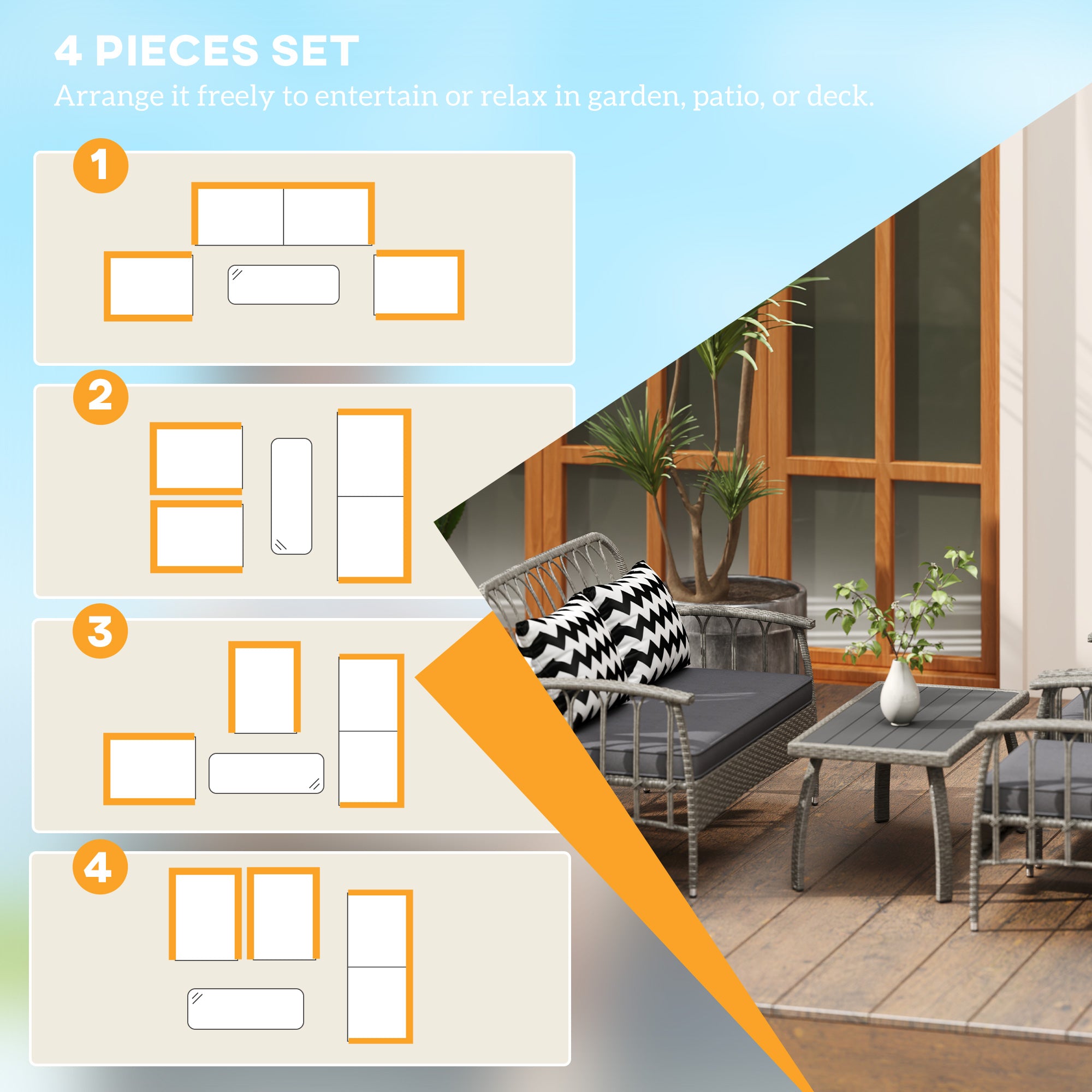 Outsunny Four-Piece Rattan Cut-Out Sofa Set - Grey - North Peak Garden Furniture