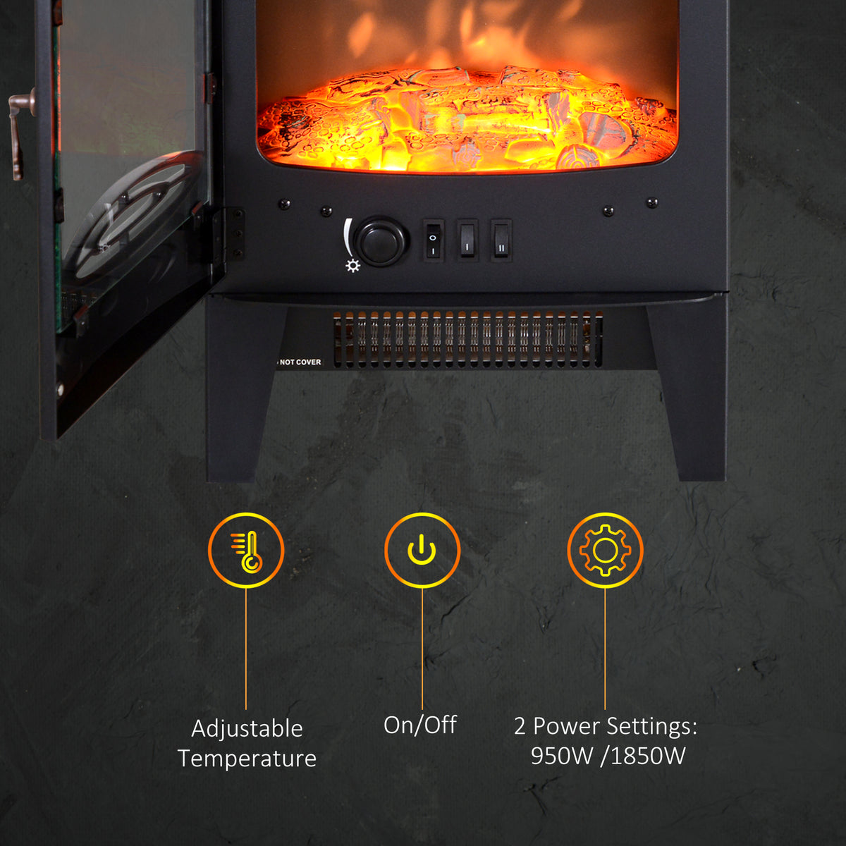 HOMCOM Electric Fireplace Stove, Freestanding Log Burner, 1000W/2000W, Portable Electric Fire Fan Heater with LED Flame Effect, Adjustable Thermostat, Glass, Overheat Protection, Black