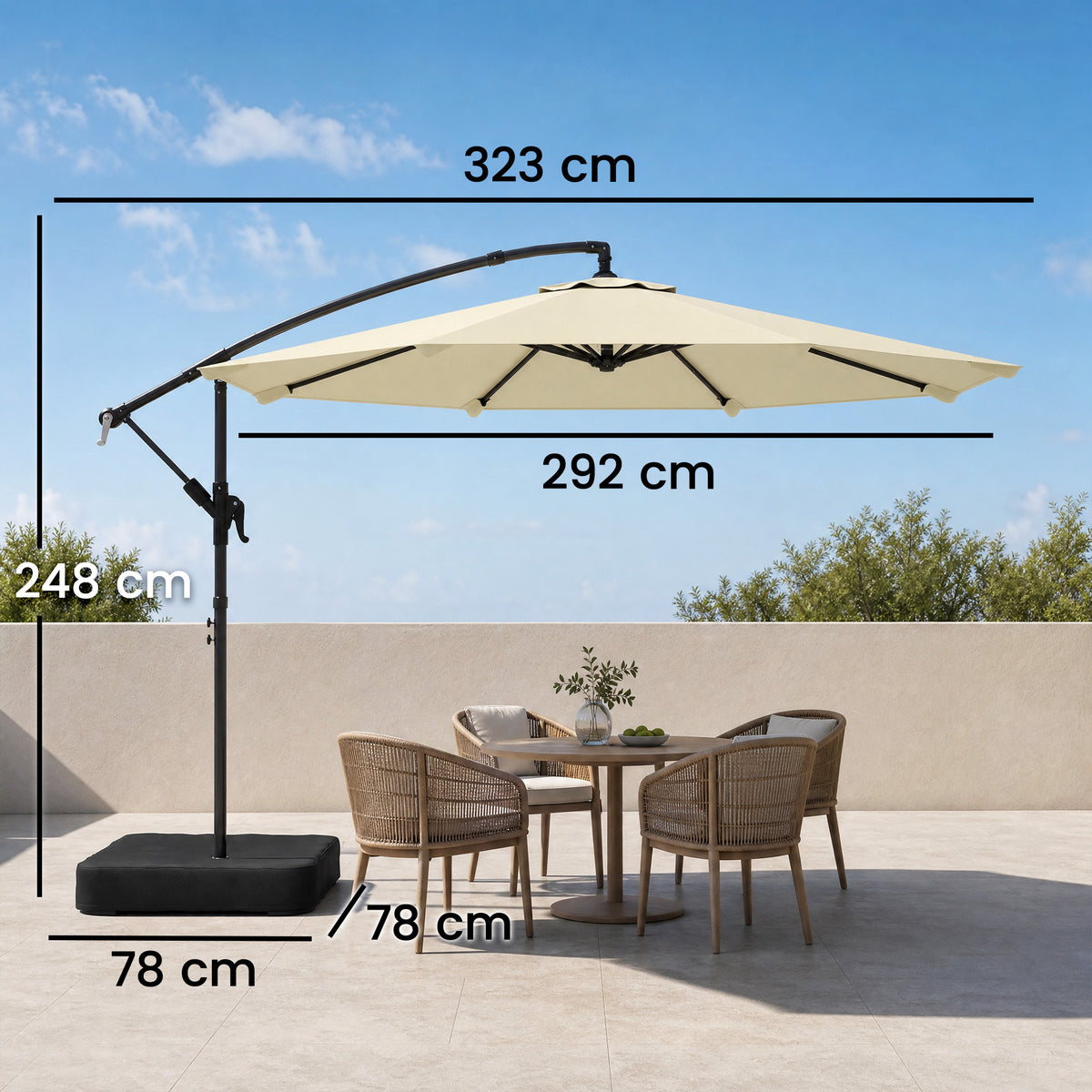 Outsunny 3 m Garden Cantilever Parasol with Cross Base, Sandbag, 360° Rotating Overhanging Banana Umbrella, Beige