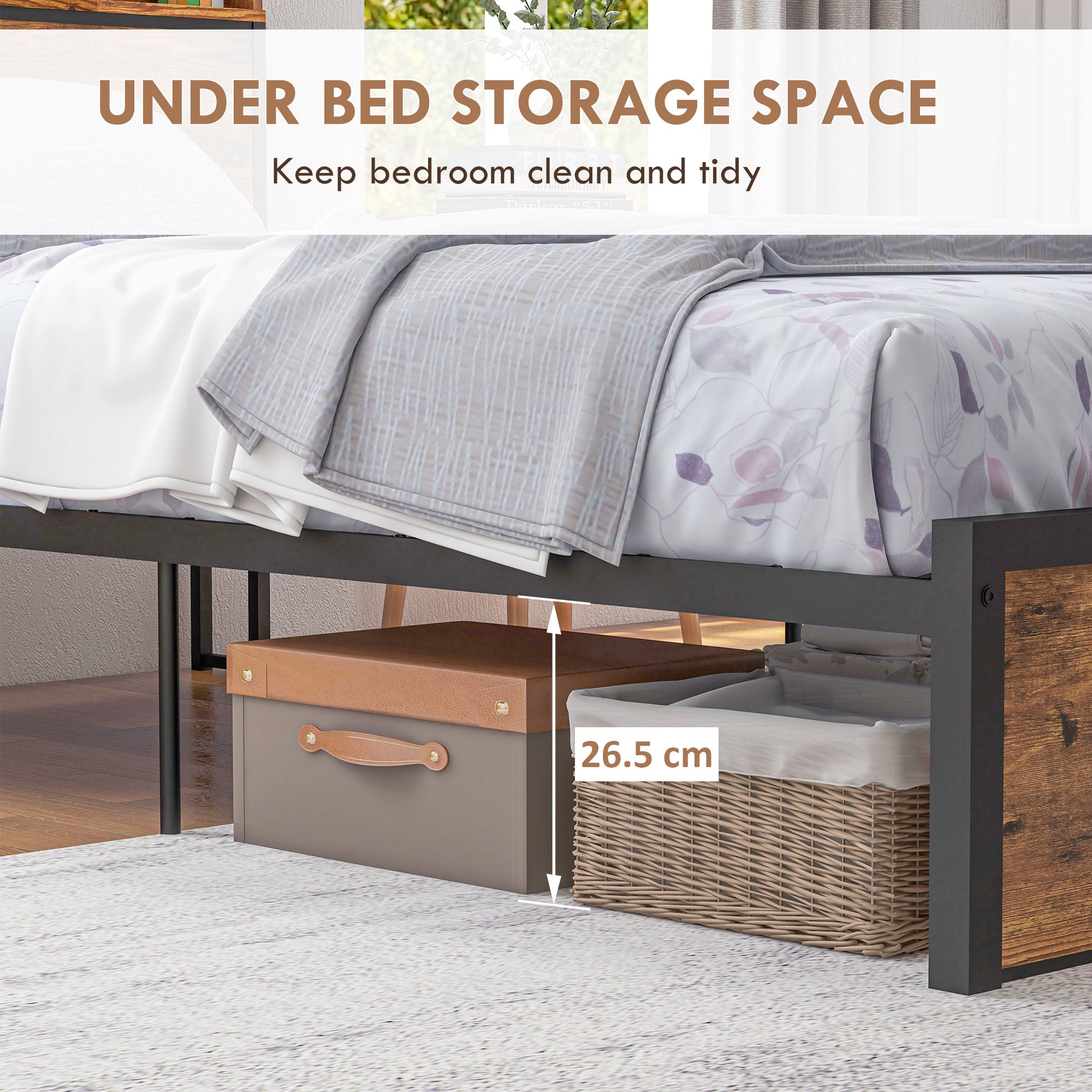 HOMCOM Industrial Single Bed Frame, 3.1FT Steel Bed Base with Storage Headboard, Footboard, Slatted Support and Under Bed Storage, 95 x 209cm, Rustic Brown - North Peak Garden Furniture
