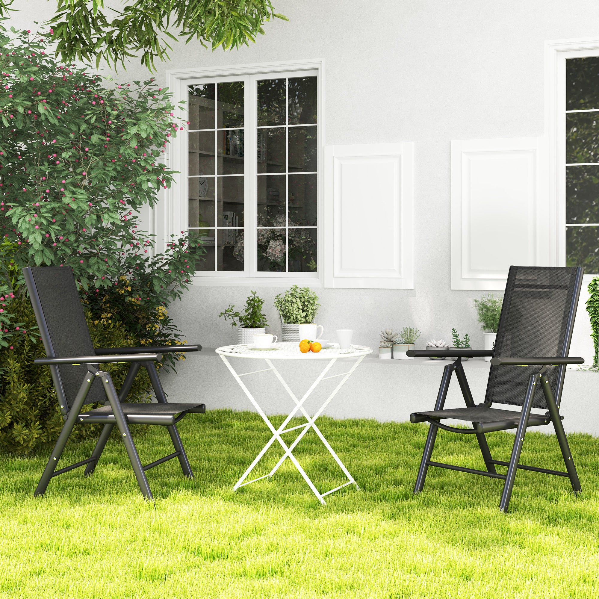 Outsunny Set of 2 Folding Chair, Aluminium Frame Outdoor Camping Chairs with Breathable Mesh Back and Seat, Garden Chair Set with Armrests for Balcony, Black - North Peak Garden Furniture