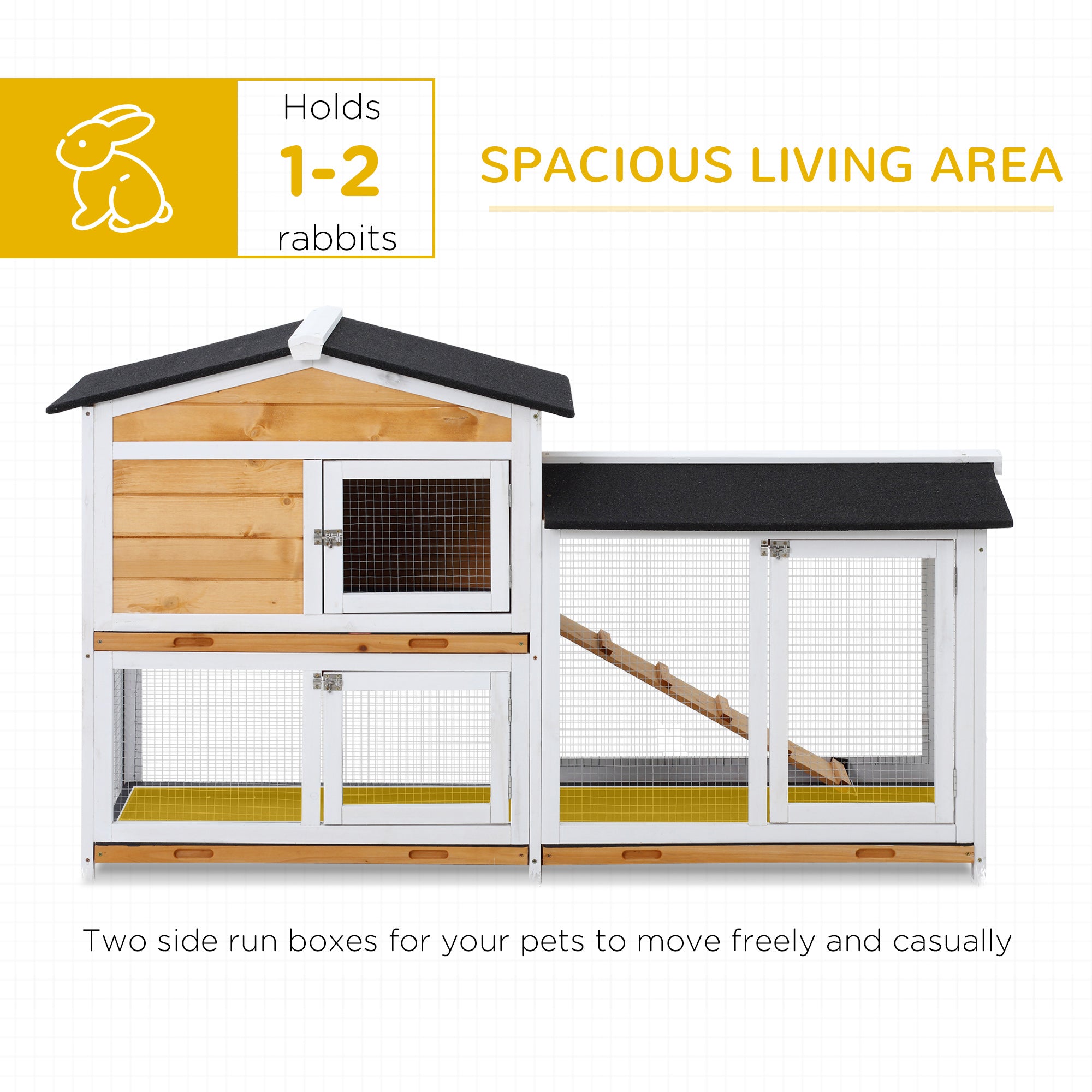 PawHut Rabbit Hutch Guinea Pig Hutch Wooden House with Run, 2 Tier Pet Cage Outdoor with No-leak Plastic Trays, 157.4 x 53 x 93.5cm, Yellow - North Peak Garden Furniture