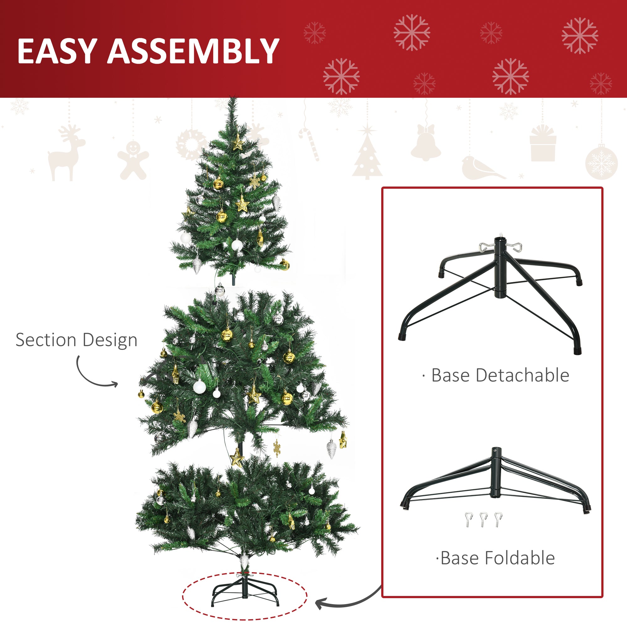 HOMCOM 1.8m 6ft Pre-Lit Artificial Christmas Tree 200 LED Xmas Tree Holiday Décor with Decorative Balls Ornament Metal Stand - North Peak Garden Furniture
