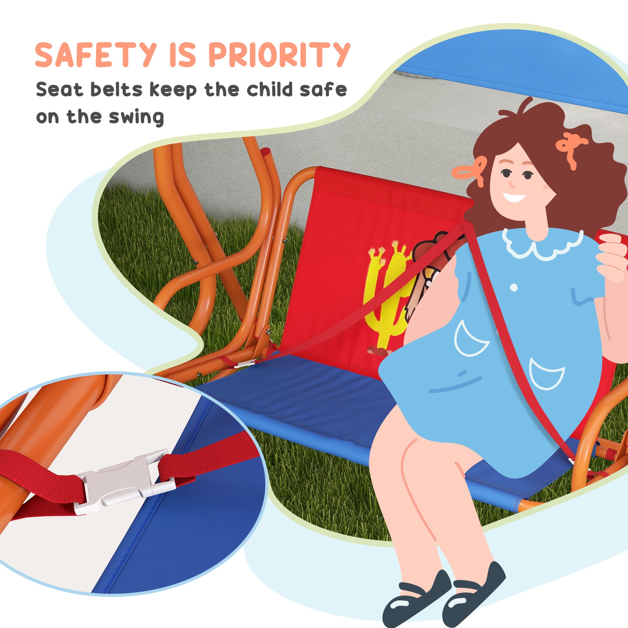 Outsunny Two Seater Kids Garden Swing, Cowboy Themed kids Swing Chair with Adjustable Canopy, Safety Belts for Outdoor Use - North Peak Garden Furniture