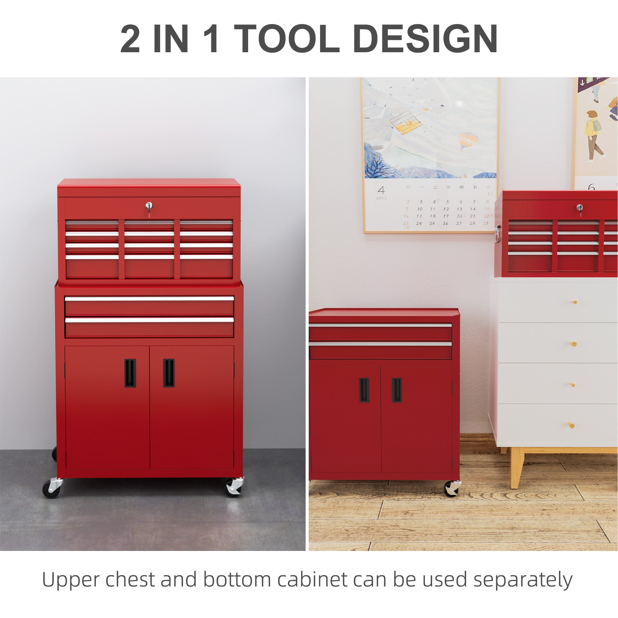HOMCOM Portable Tool Box, Metal Tool Chest on Wheels with 6 Drawers for Garage and Workshop, Red - North Peak Garden Furniture