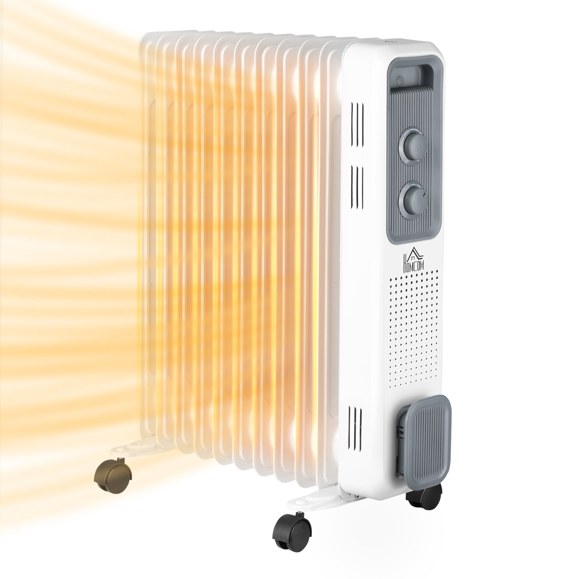HOMCOM 2500W Oil Filled Radiator, 11 Fin, Portable Electric Heater with 3 Heat Settings, Safety Cut-Off and Wheels, White - North Peak Garden Furniture