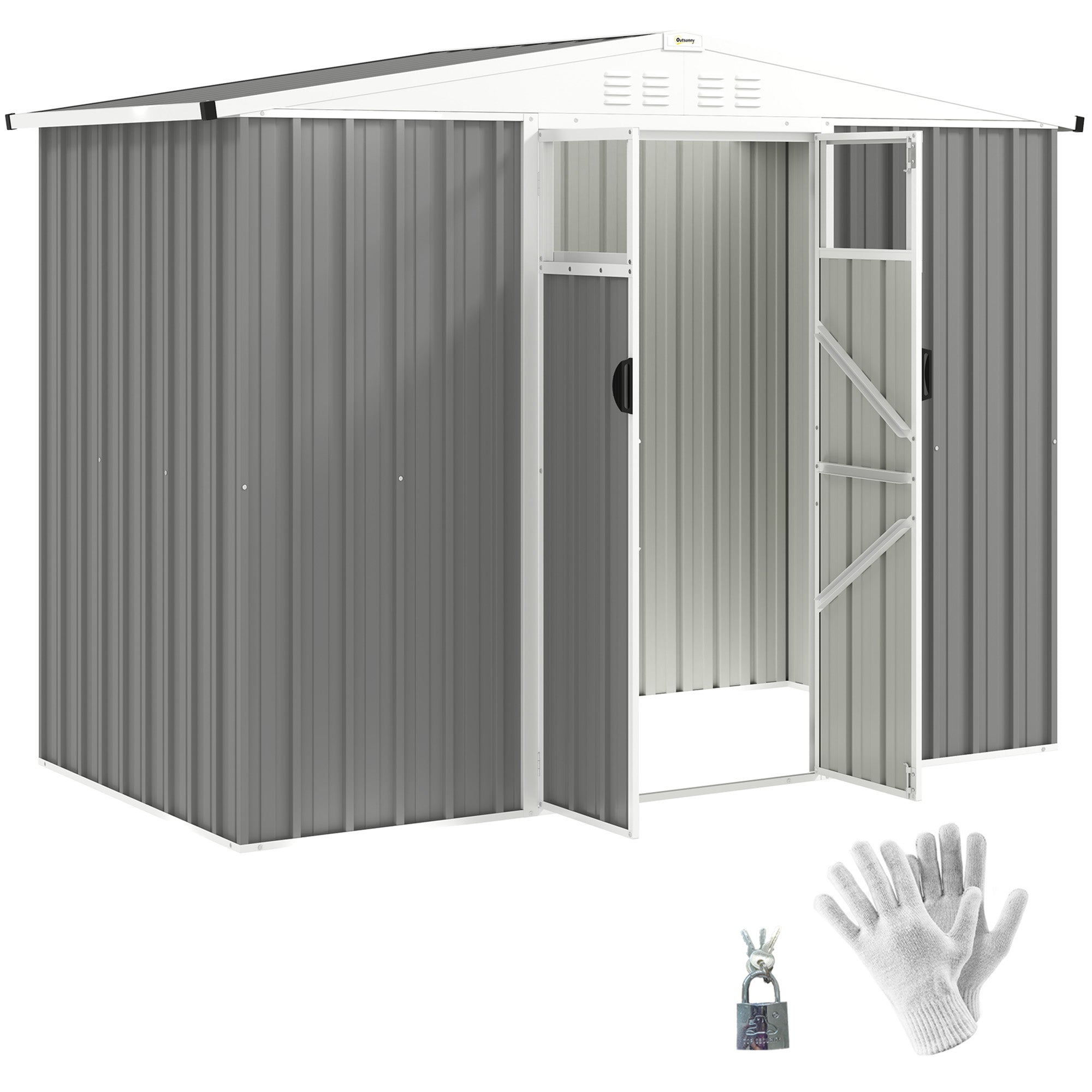 Outsunny 8 x 4 ft Metal Garden Shed, Garden Storage Shed with Window, 4 Vents and Lockable Door, Waterproof Galvanised Steel Tool Storage Shed, Light Grey - North Peak Garden Furniture