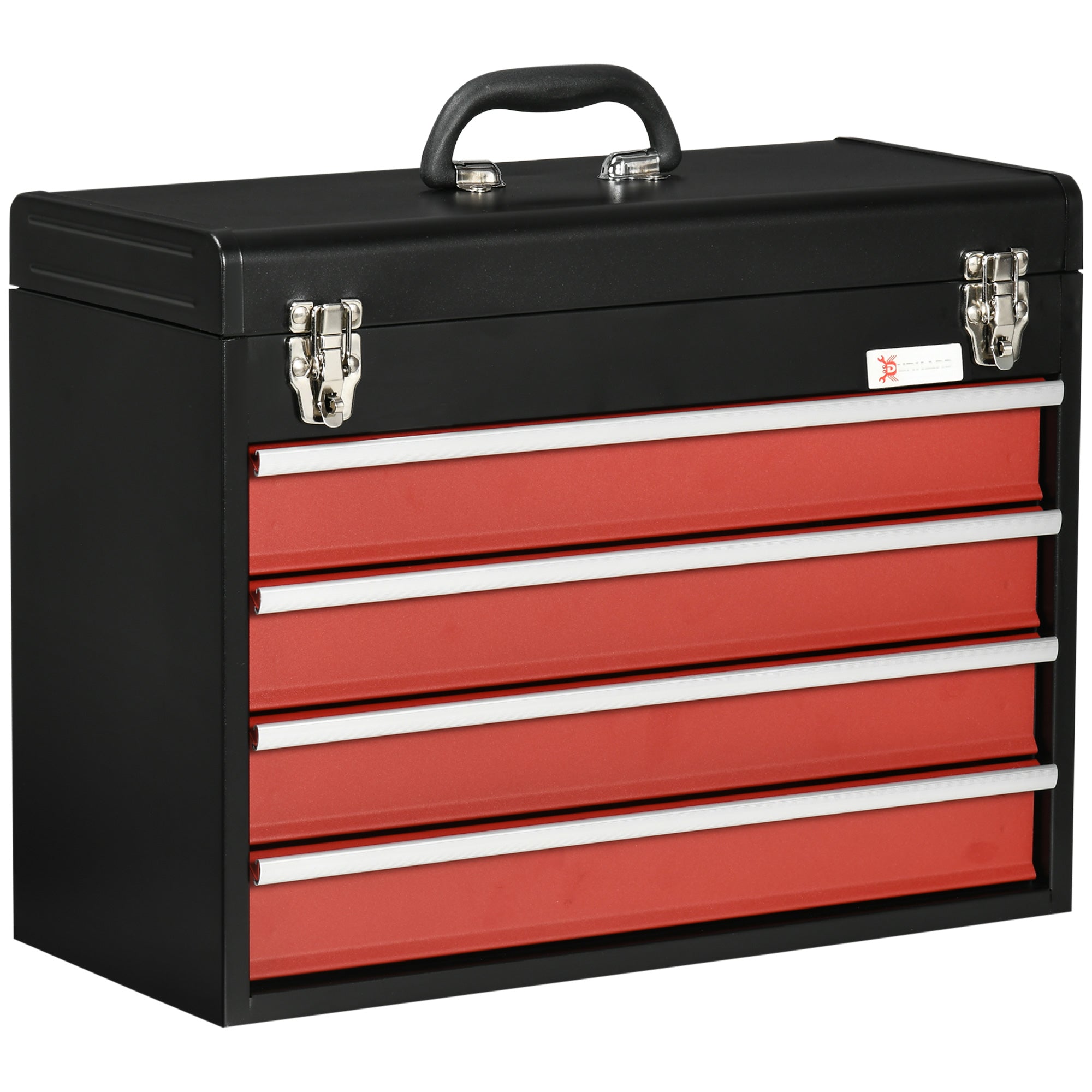 DURHAND 4 Drawer Tool Chest, Lockable Metal Tool Box with Ball Bearing Runners, Portable Toolbox, 510mm x 220mm x 395mm, Black - North Peak Garden Furniture