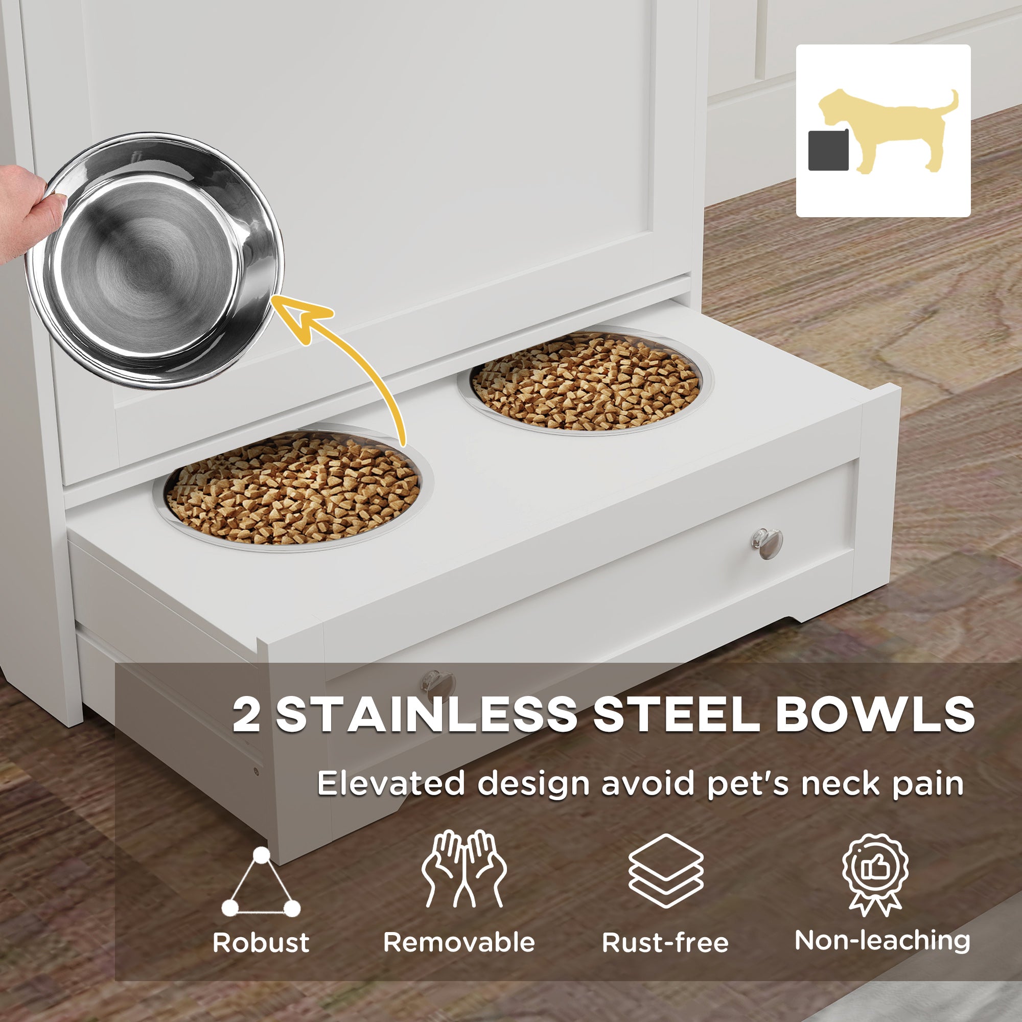 PawHut Dog Feeding Station with 2 Storage Cabinets, 2 Elevated Bowls, Side Hooks, Anti-tip Kit for Water and Feeding Supplies