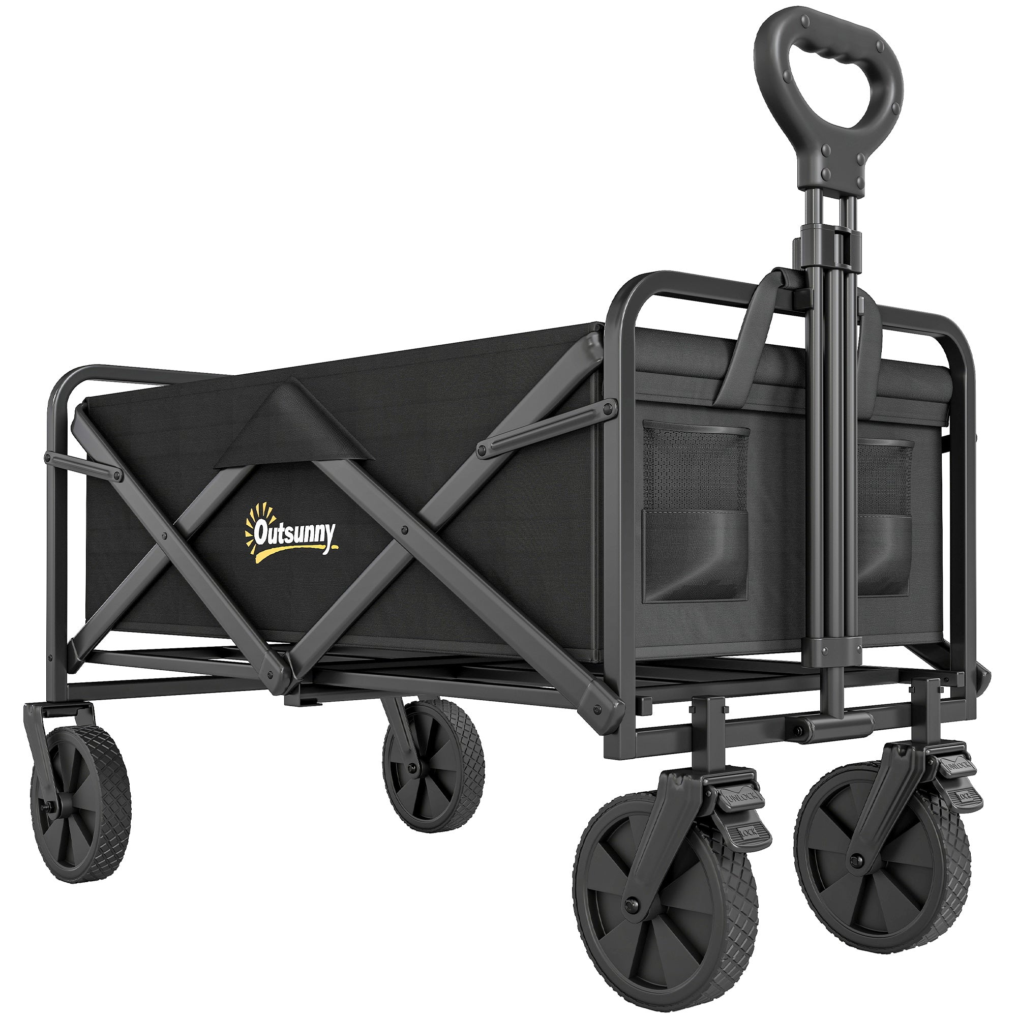 Outsunny Folding Steel Frame Garden Storage Cart, with Wheels and Handle - Black - North Peak Garden Furniture