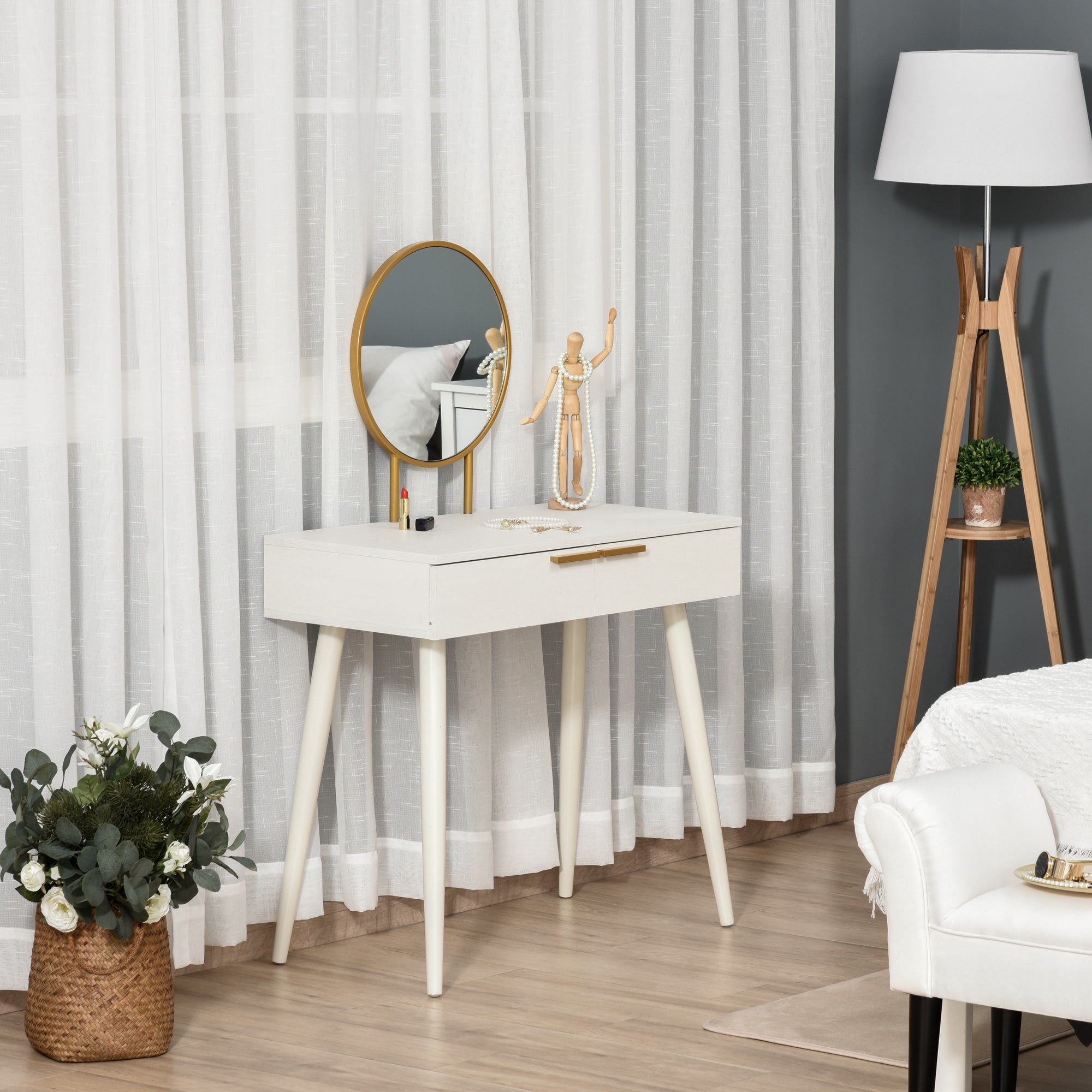 HOMCOM Modern Dressing Table with Round Mirror, Makeup Vanity Table with 2 Drawers for Bedroom, Living Room, White