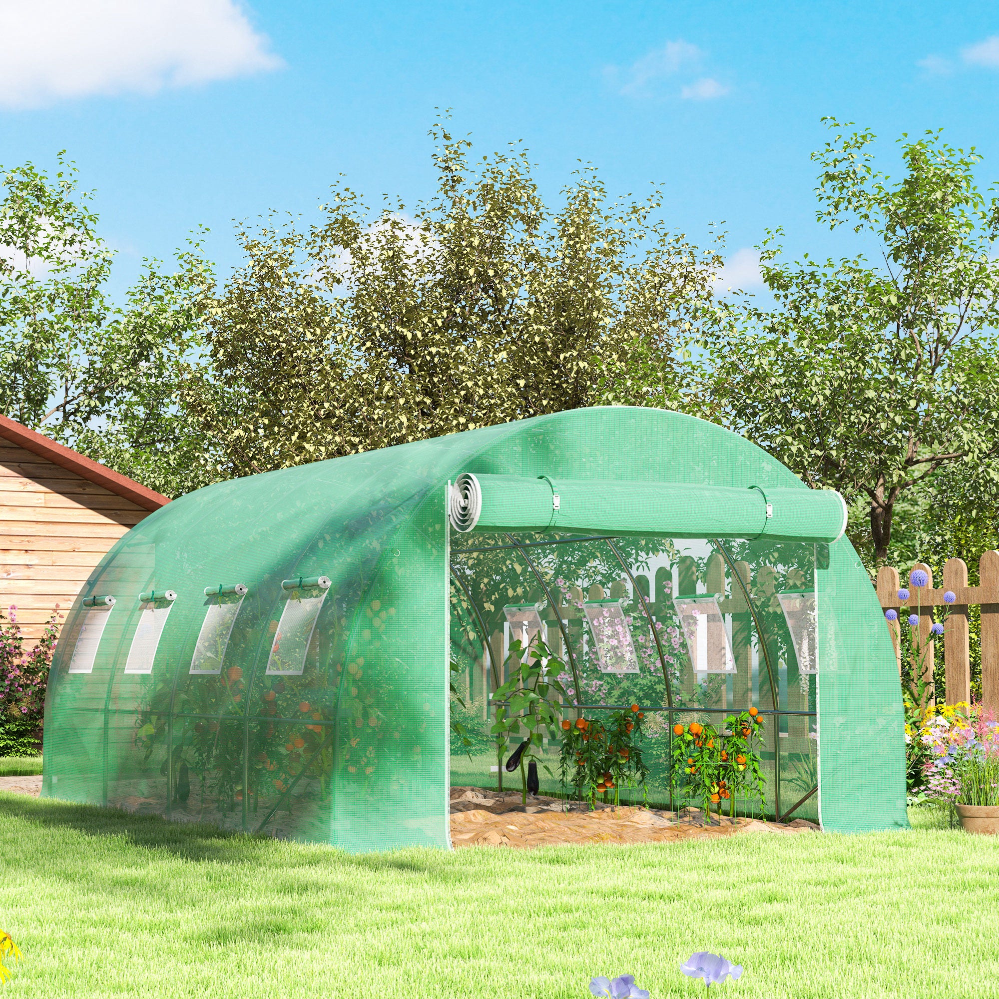 Outsunny 4 x 3 x 2m Greenhouse Replacement Cover ONLY Winter Garden Plant PE Cover for Tunnel Walk-in Greenhouse with Roll-up Windows Door Outdoor, Green