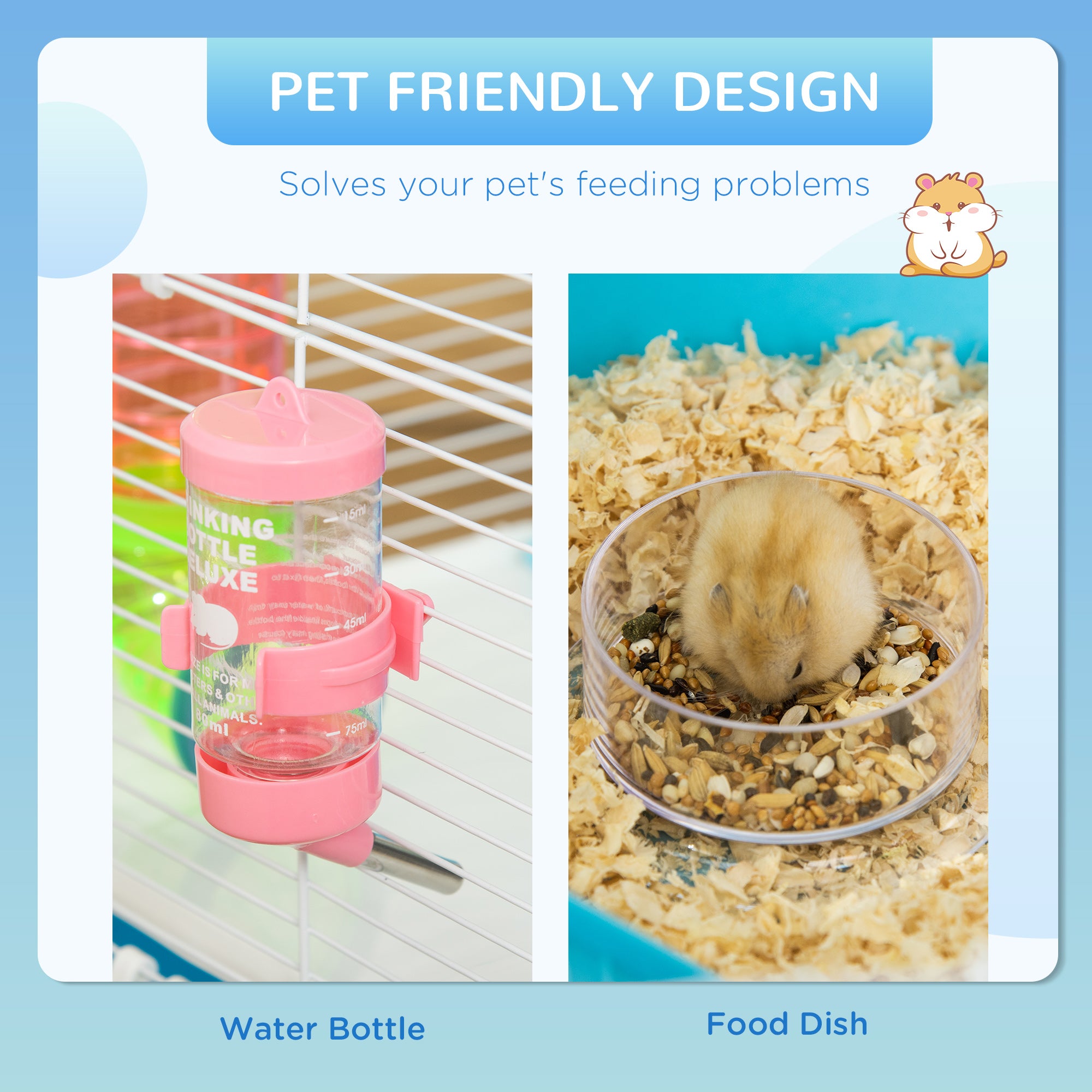 PawHut Hamster Cage w/ Water Bottle, Exercise Wheel, Tubes, Ramps - Light Blue - North Peak Garden Furniture
