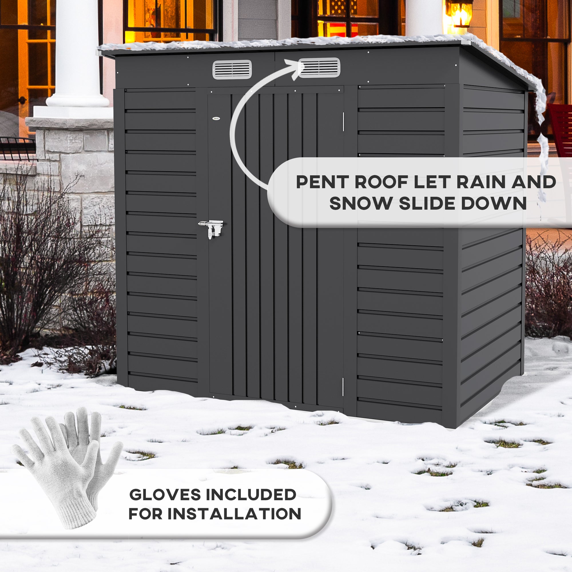 Outsunny 6.3 x 4.3FT Garden Shed. Galvanised Metal Shed, Outdoor Tool Storage Shed with Pent Roof, Lockable Door and 2 Vents, Grey - North Peak Garden Furniture