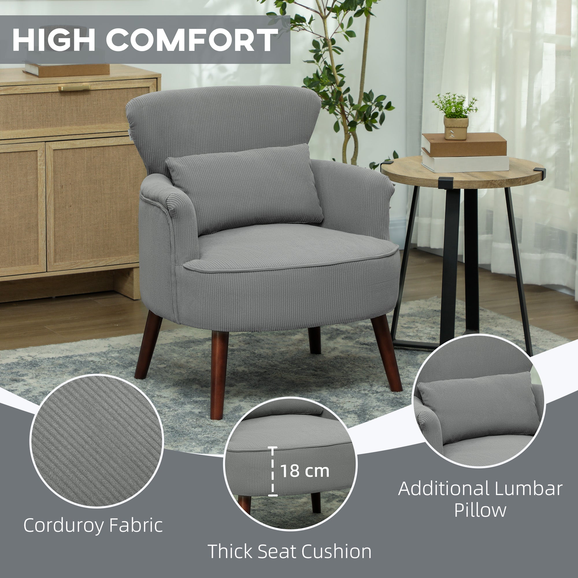 HOMCOM Corduroy Retro Accent Chair - Light Grey - North Peak Garden Furniture
