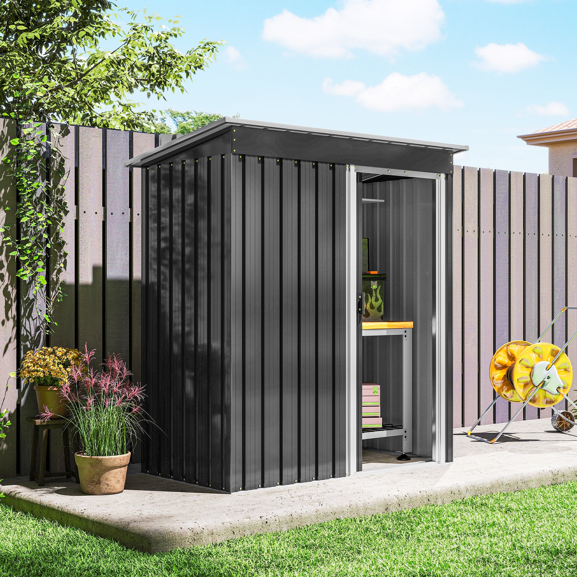Outsunny 5 x 3ft Garden Storage Shed with Sliding Door and Sloped Roof Outdoor Equipment Tool Backyard, Black
