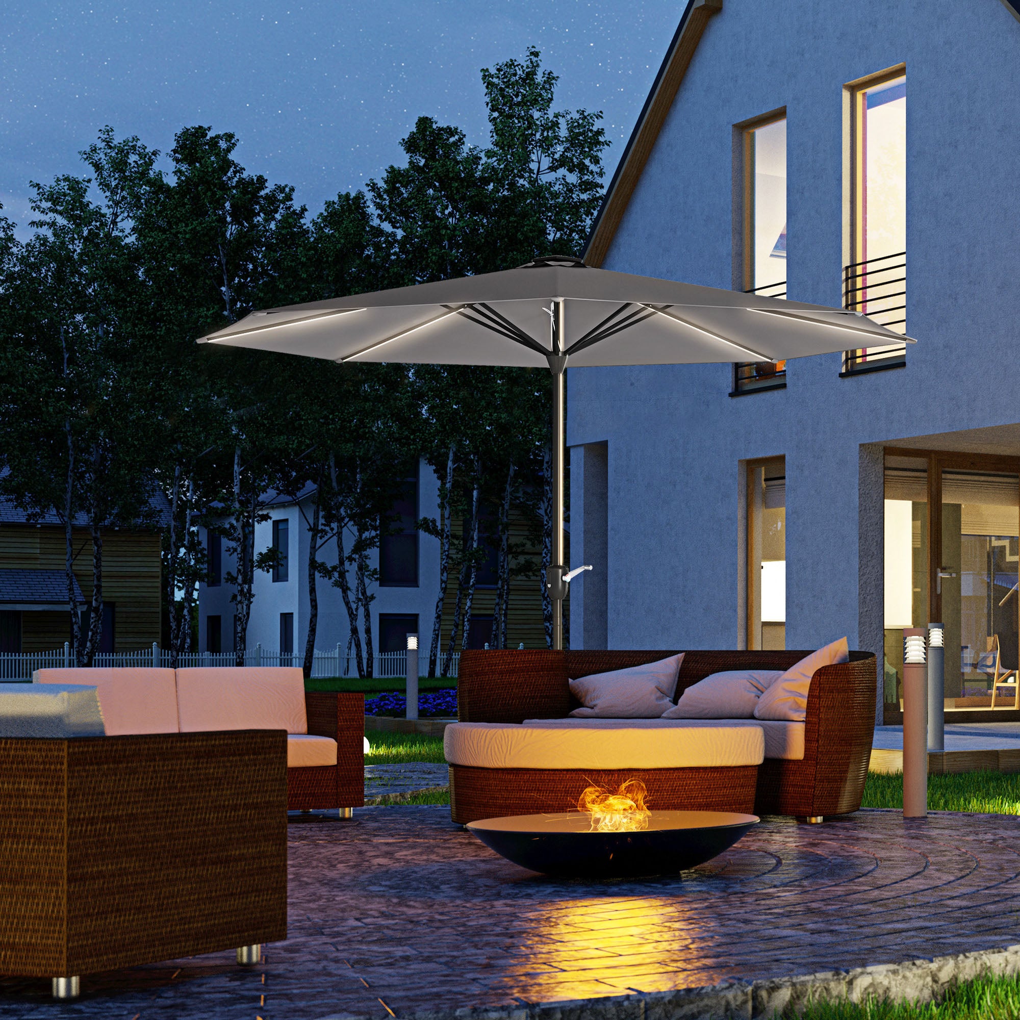 Outsunny 2.65m Garden Parasol, with LED Lights - Dark Grey - North Peak Garden Furniture