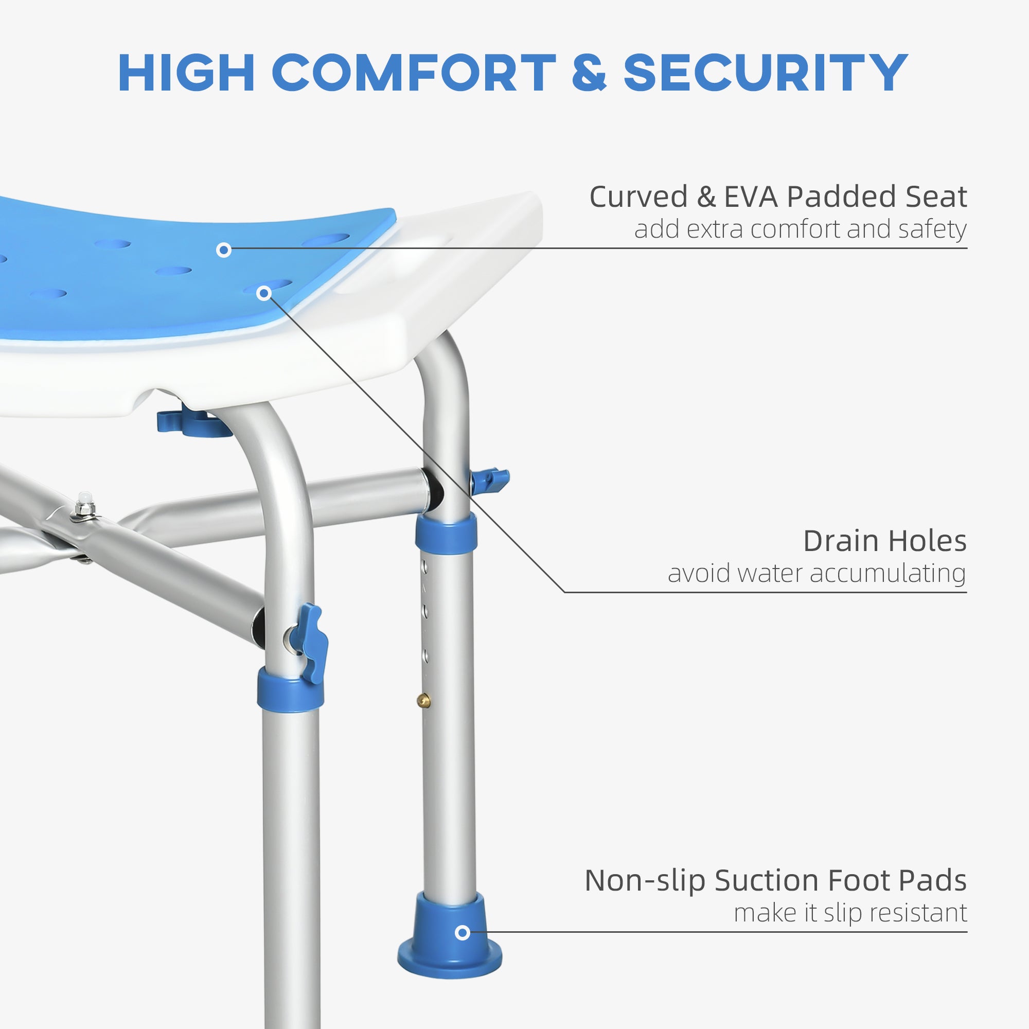 HOMCOM Shower Chair for the Elderly and Disabled, Adjustable Padded Shower Stool with Built-in Handle and Non-slip Suction Foot Pads, Blue - North Peak Garden Furniture