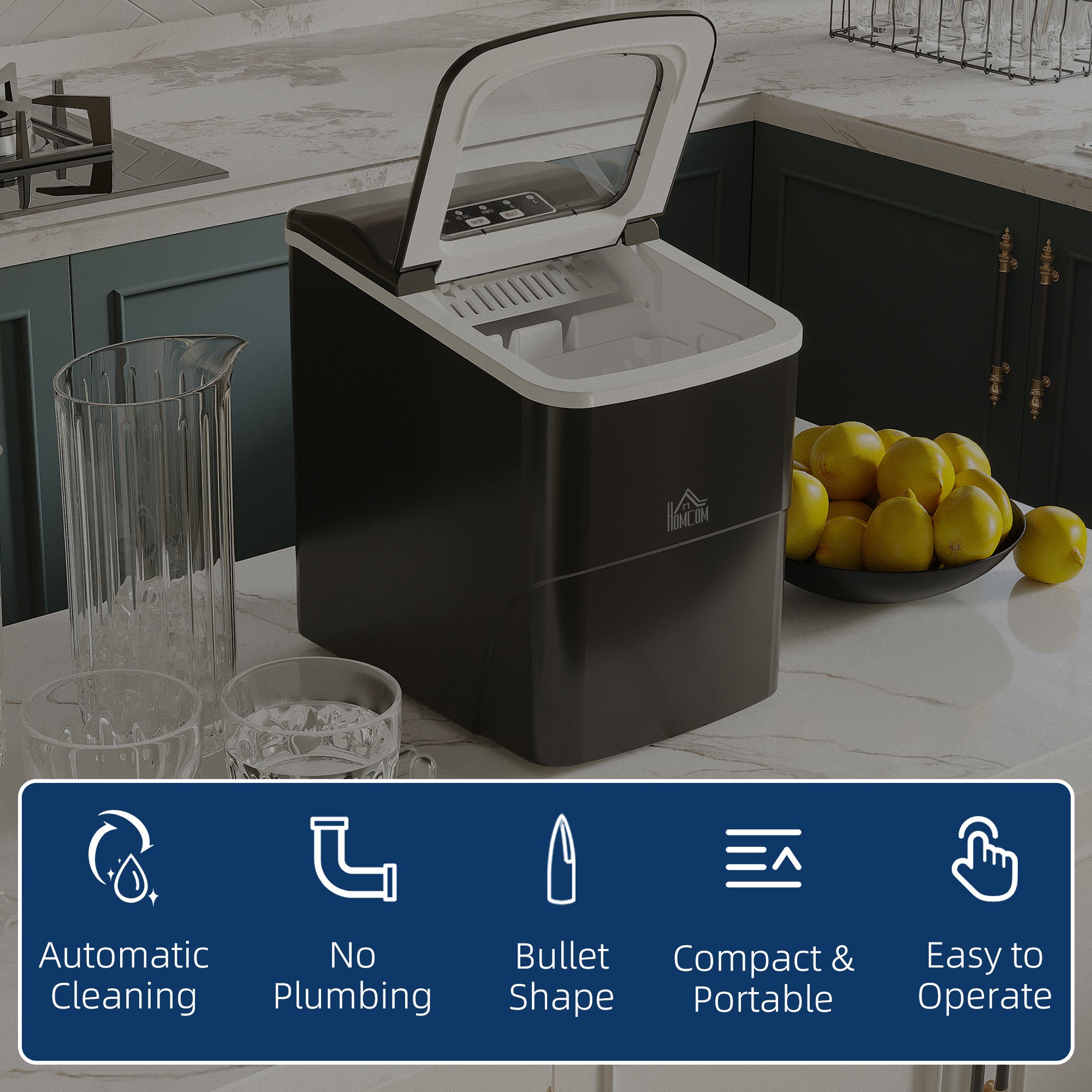 HOMCOM Portable Ice Maker Countertop, Bullet Ice Cube Machine, 9 Ice Cubes per 8 Minutes, Automatic Cleaning, Visible Window Scoop and Basket for Kitchen, Office, Bar, Black - North Peak Garden Furniture