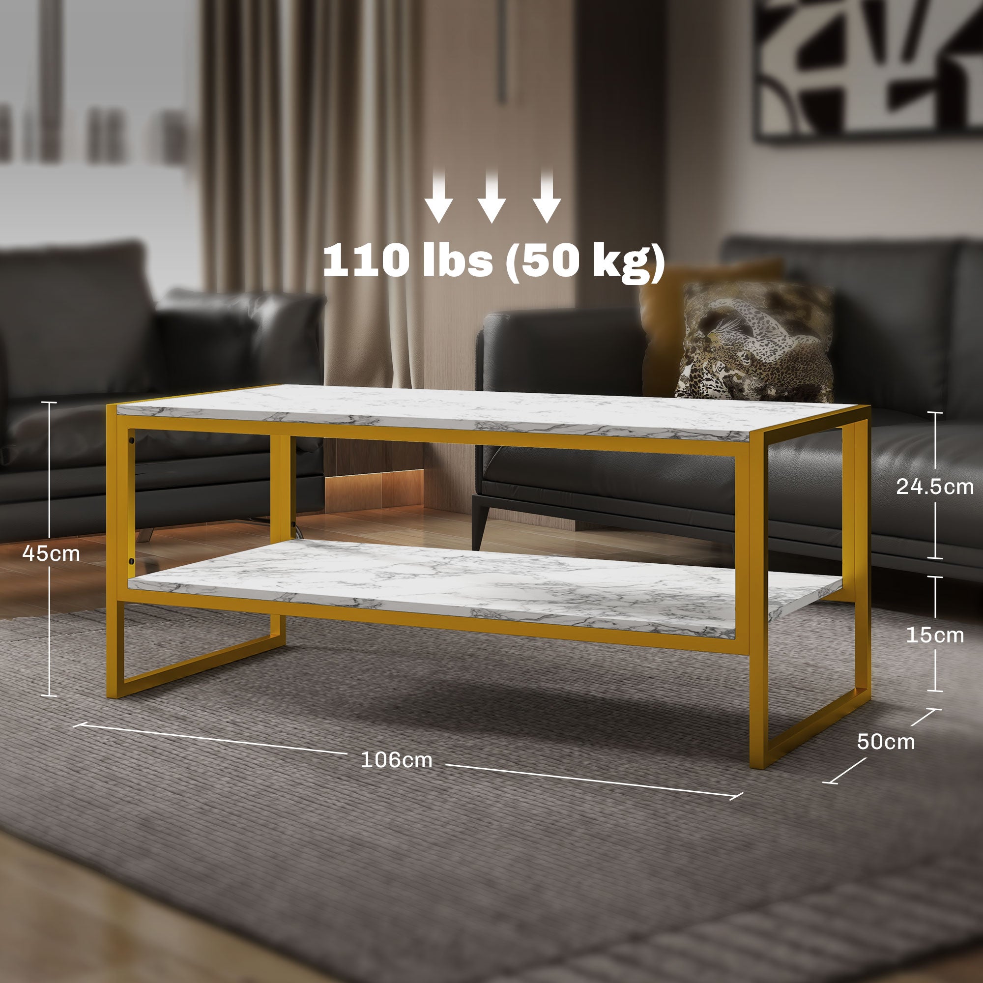 HOMCOM Coffee Table, Two-Tier Marble Centre Table with Metal Frame and Storage Shelf for Living Room, 106 x 50 x 45cm, White - North Peak Garden Furniture