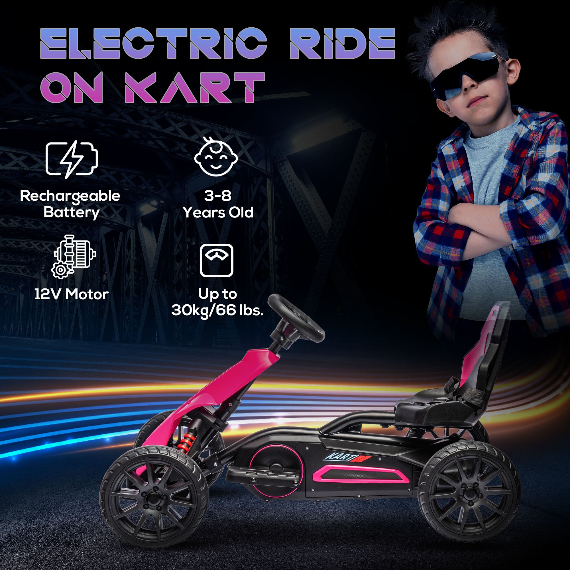 HOMCOM 12V Electric Go Kart for Kids, Ride-On Racing Go Kart with Forward Reversing, Rechargeable Battery, 2 Speeds, for Boys Girls Aged 3-8 Years Old - Pink