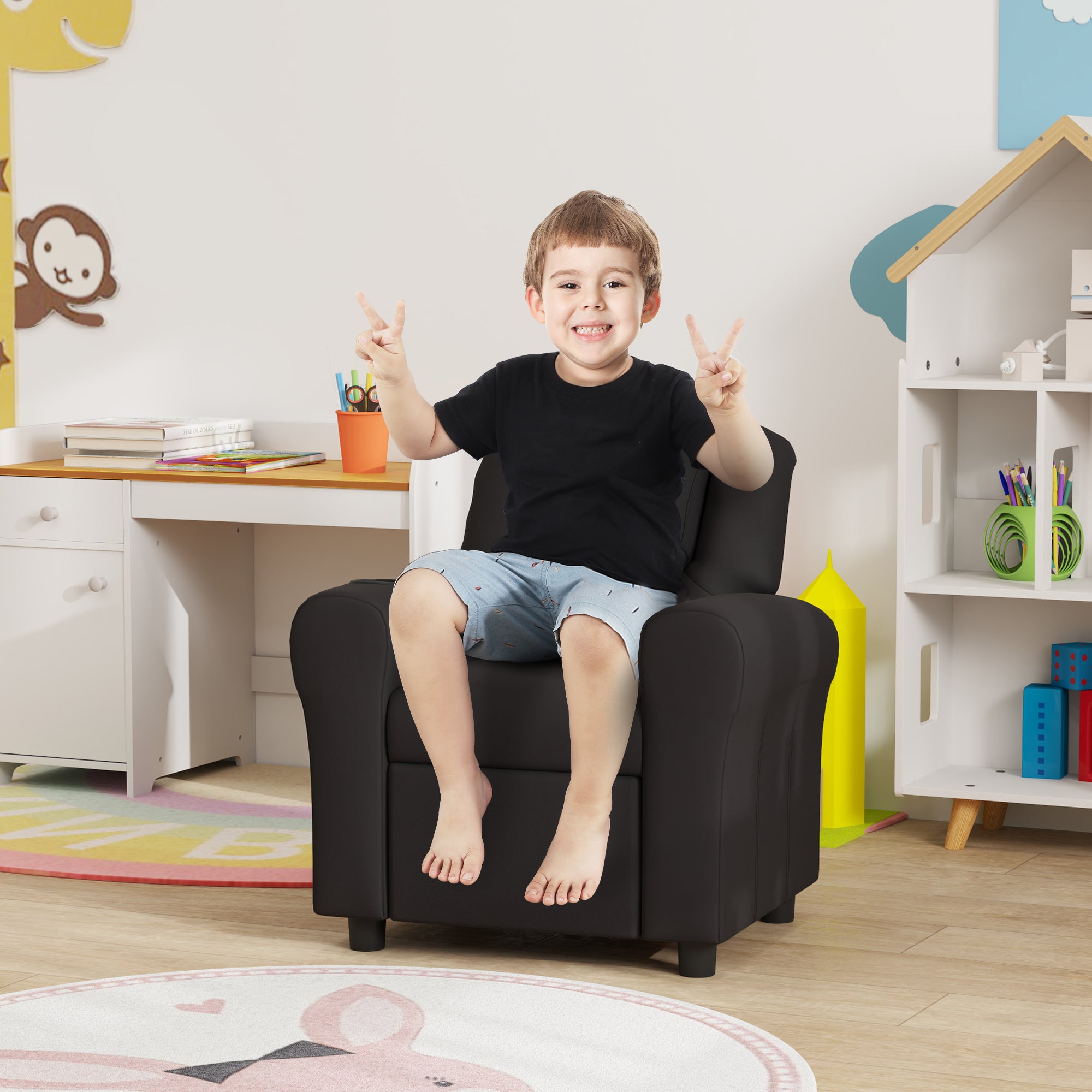 HOMCOM Kids Recliner Chair, PU Leather with Adjustable Backrest, Footrest, Padded Headrest, Black - North Peak Garden Furniture