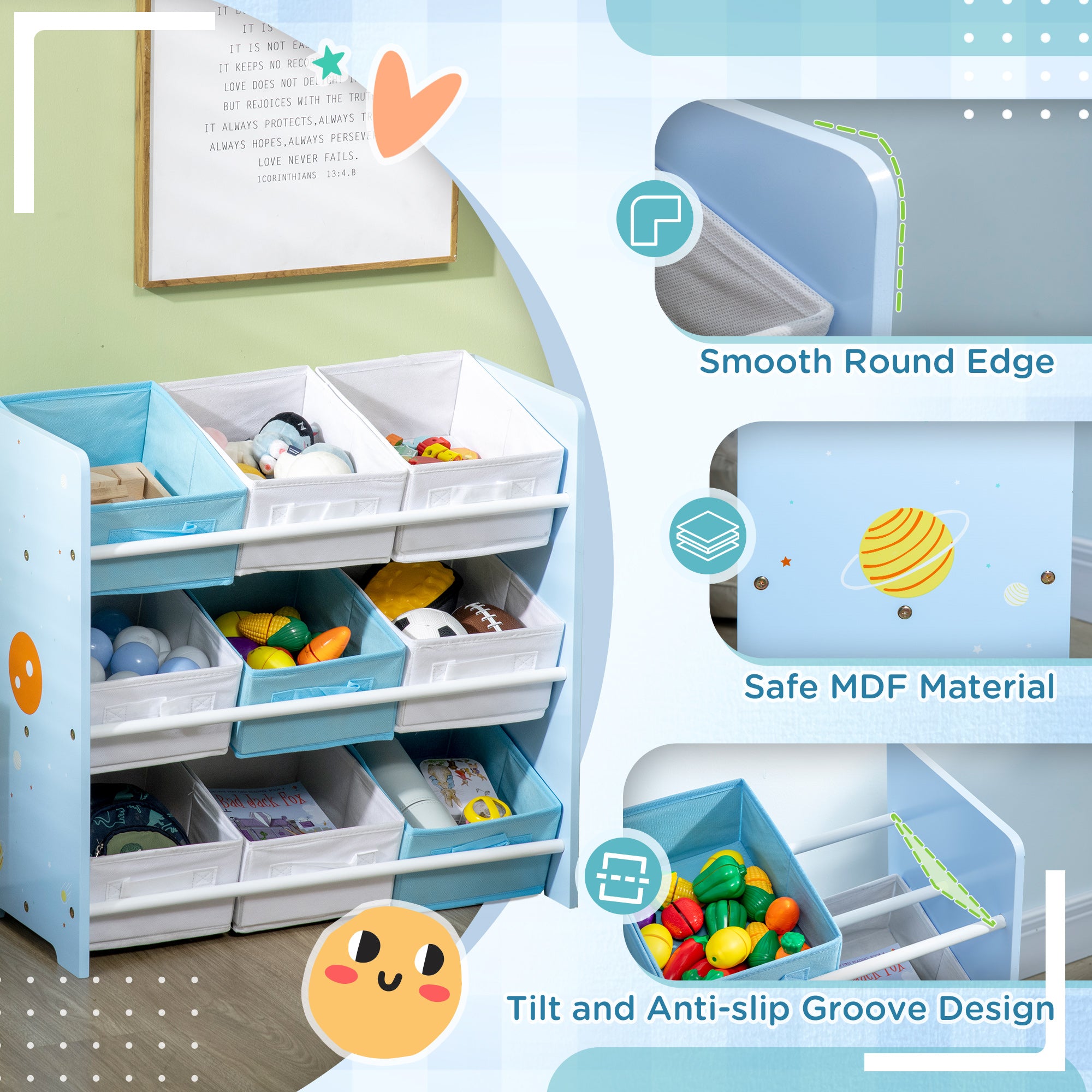 ZONEKIZ Kids Storage Rack, with Nine Removable Baskets, for Nursery, Bedroom, Playroom - Blue - North Peak Garden Furniture