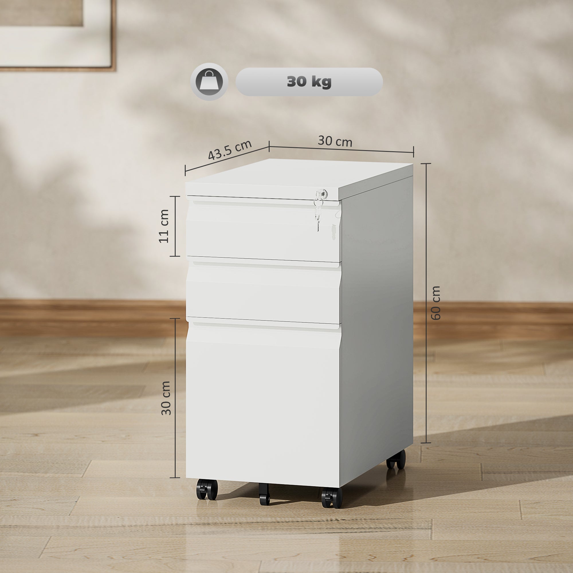 Vinsetto 3-Drawer Steel Filing Cabinet with Lock and Wheels - White - North Peak Garden Furniture