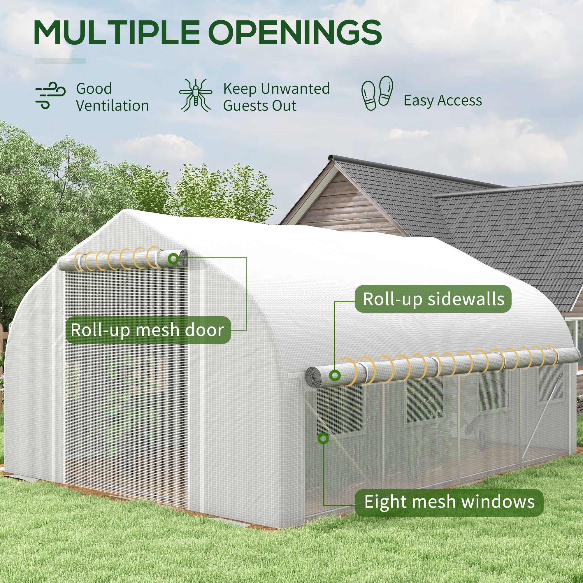 Outsunny 4 x 3(m) Walk-in Polytunnel Greenhouse, Zipped Roll Up Sidewalls, Mesh Door, 8 Mesh Windows, Tunnel Warm House Tent with PE Cover, Complimentary Plant Labels and Gloves, White - North Peak Garden Furniture