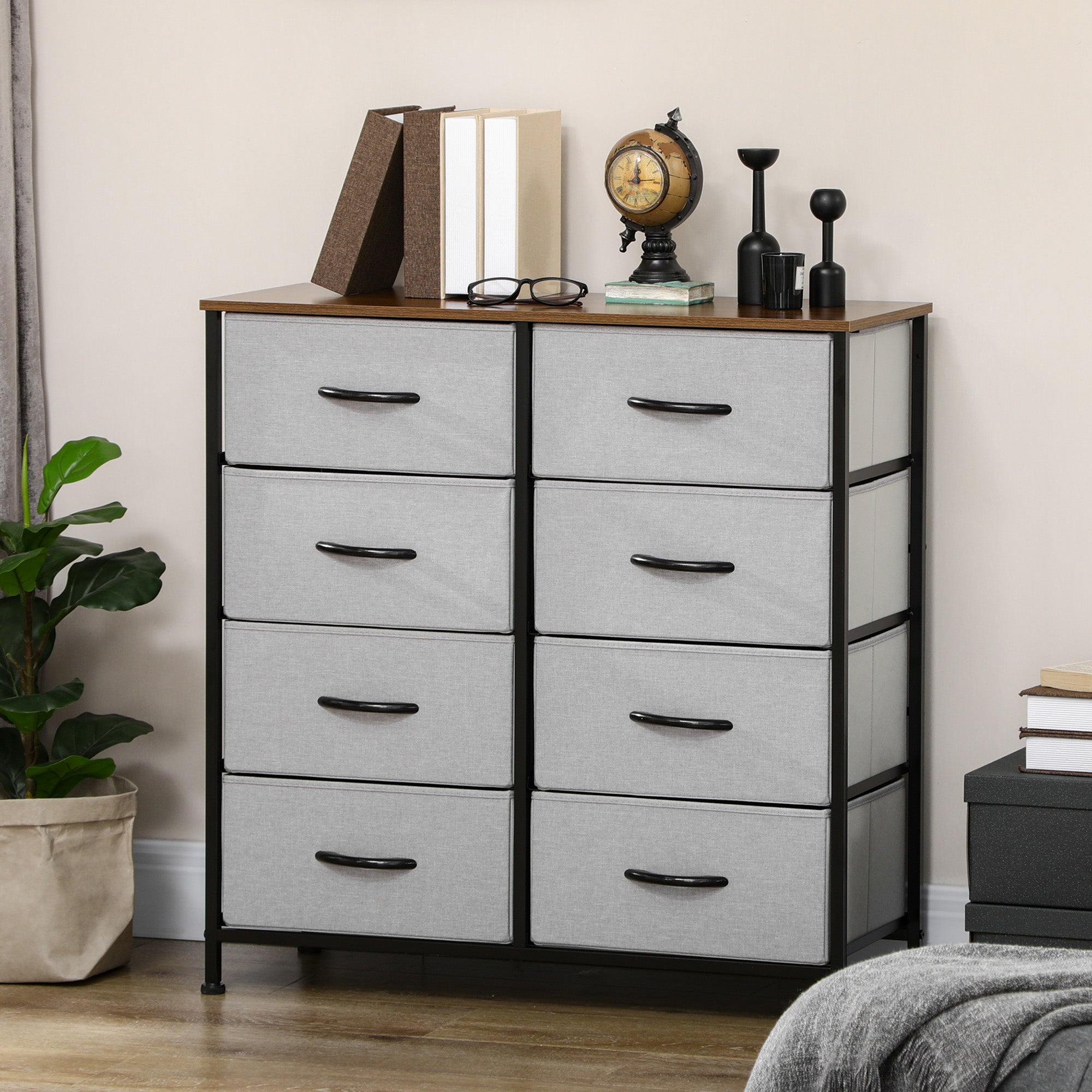 HOMCOM Fabric Chest of Drawers, Storage Drawers, Industrial Bedroom Dresser with 8 Fabric Drawers, Steel Frame and Wooden Top for Nursery, Living Room, Hallway, Grey