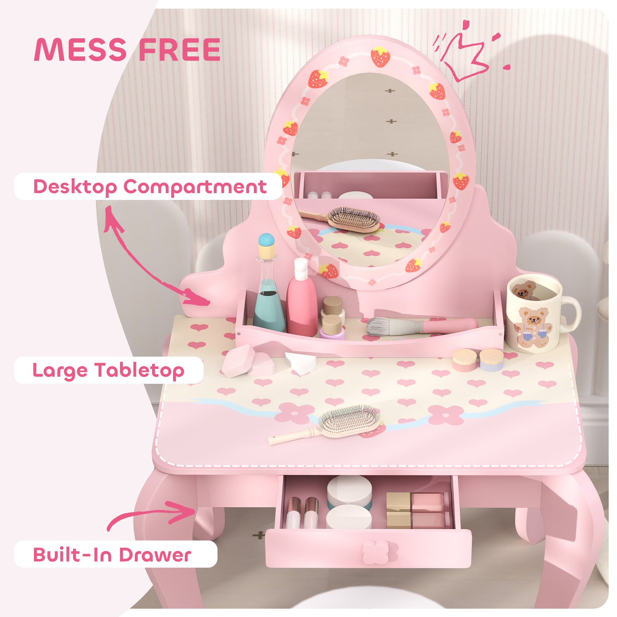 AIYAPLAY Kids Dressing Table Set, Vanity Table with Stool, Mirror, Drawer, Desktop Storage, Strawberry Theme, Pink - North Peak Garden Furniture