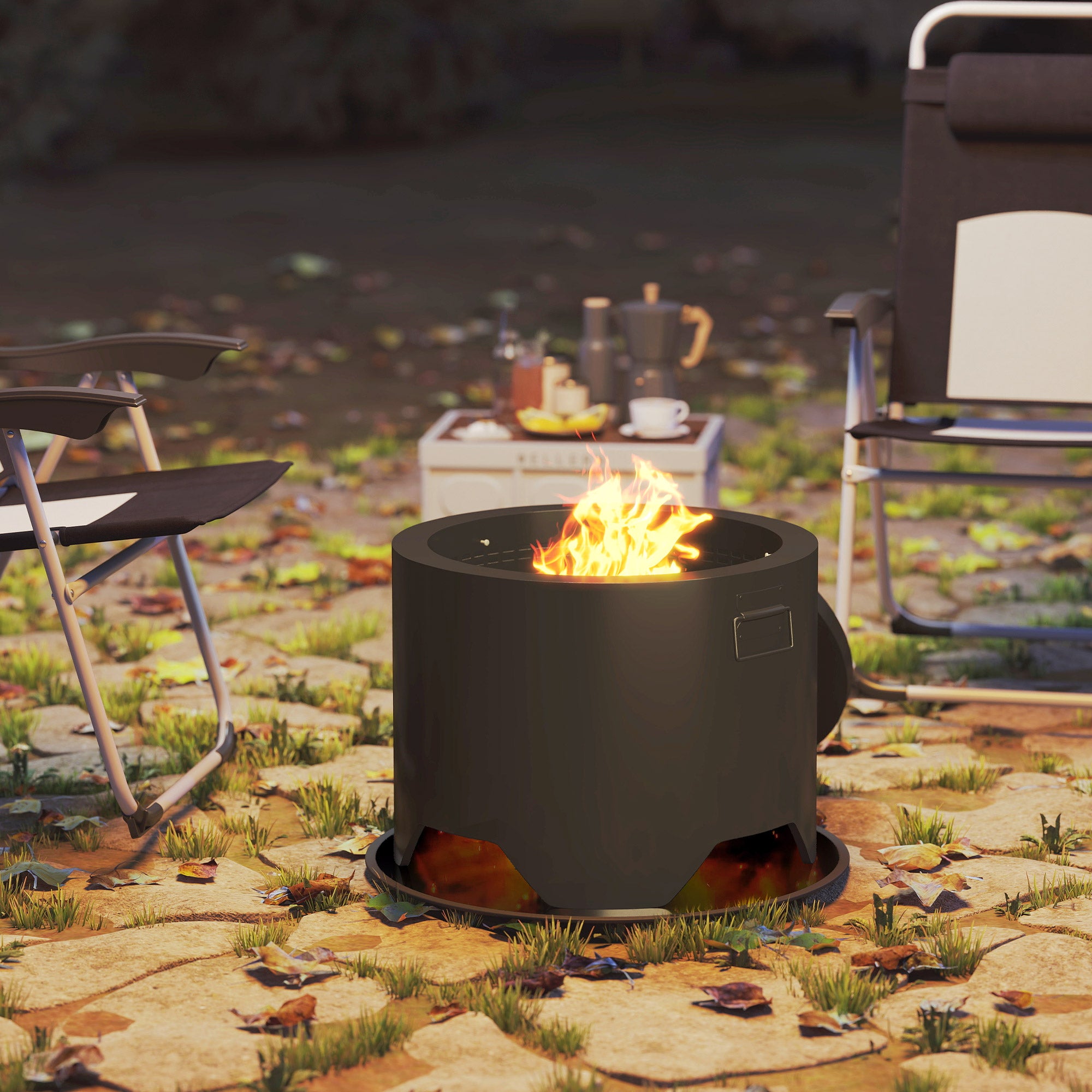 Outsunny Outdoor Round Fire Pit with Lid and Fire Poker - Black - North Peak Garden Furniture