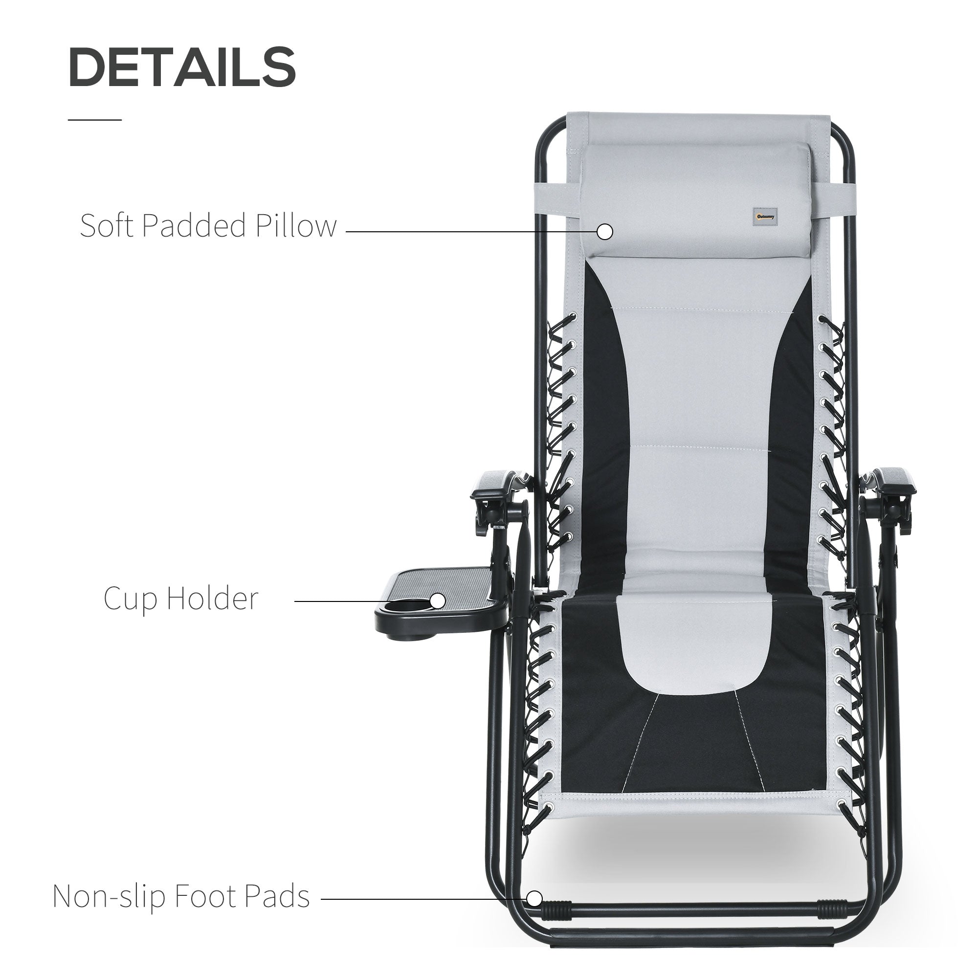 Outsunny Zero Gravity Chair, Folding Recliner, Patio Sun Lounger with Cup Holder, Adjustable Backrest, Padded Pillow for Outdoor, Patio, Deck, Poolside, Light Grey - North Peak Garden Furniture