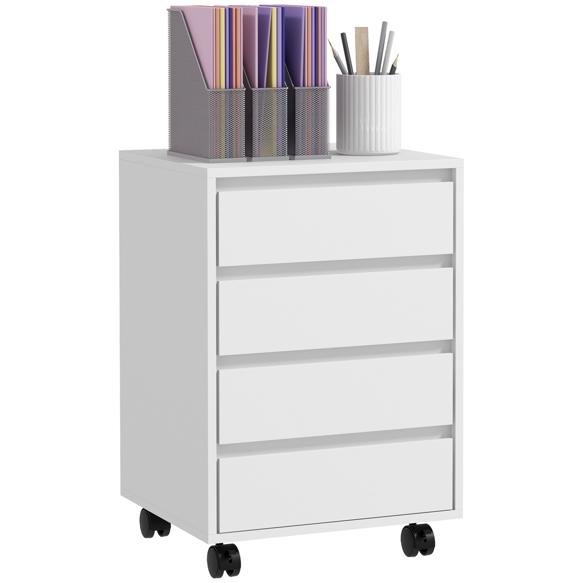 HOMCOM Four-Drawer Office Filing Cabinet, with Wheels - White - North Peak Garden Furniture
