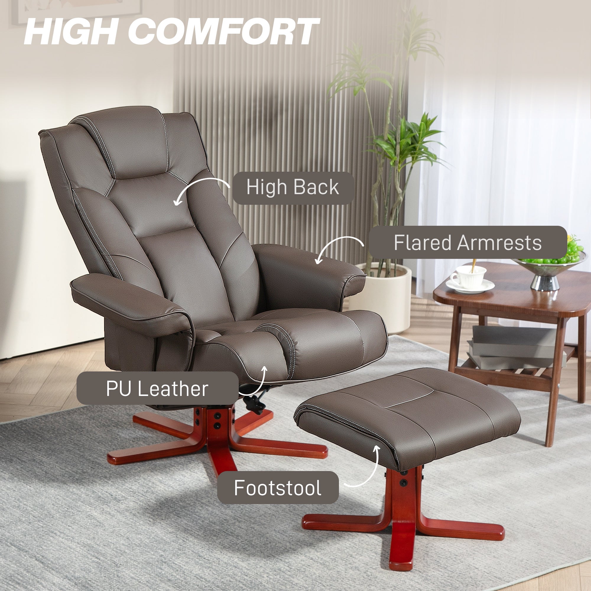 HOMCOM Faux Leather Manual Recliner and Footstool Set - Brown - North Peak Garden Furniture