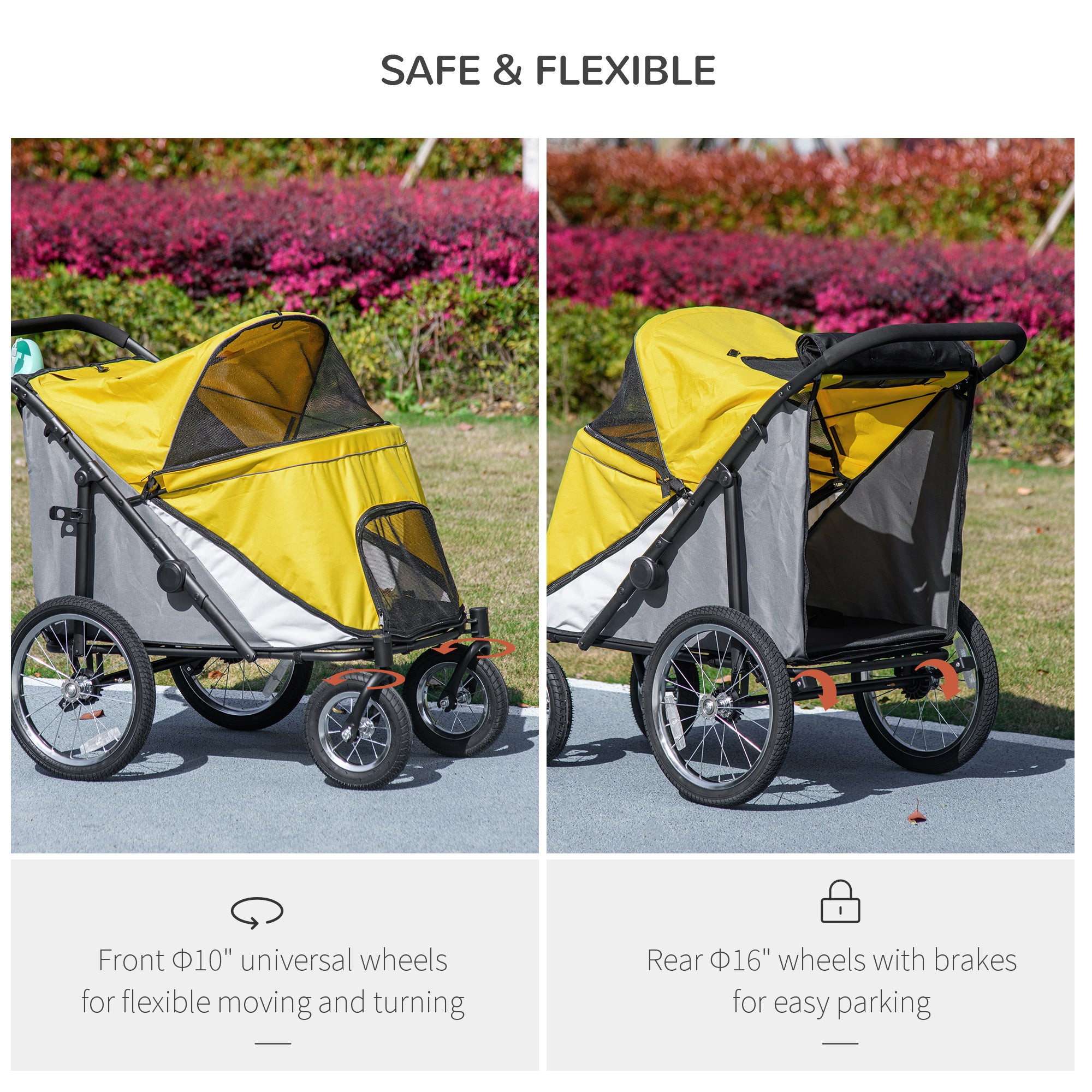 PawHut Foldable Pet Stroller, with Washable Cushion, Storage Bags, Safety Leash, for Medium, Large Dogs, Catts, Travel - Yellow