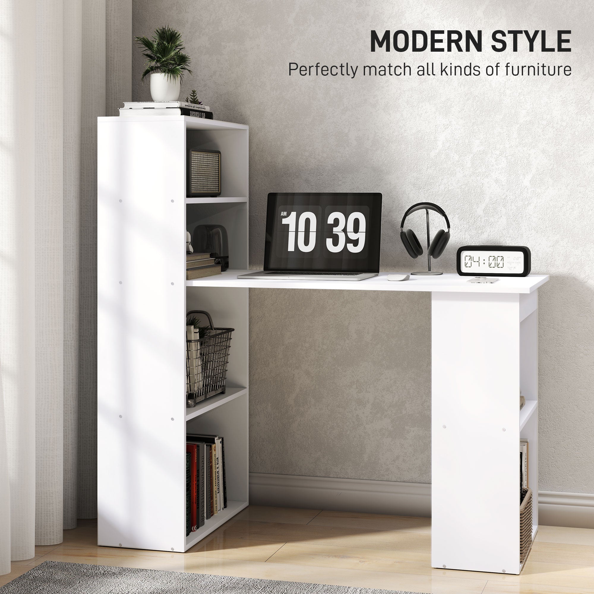 HOMCOM 120cm Modern Computer Desk Bookshelf Study Table Workstation PC Laptop Writing Home Office 6 Shelves White - North Peak Garden Furniture