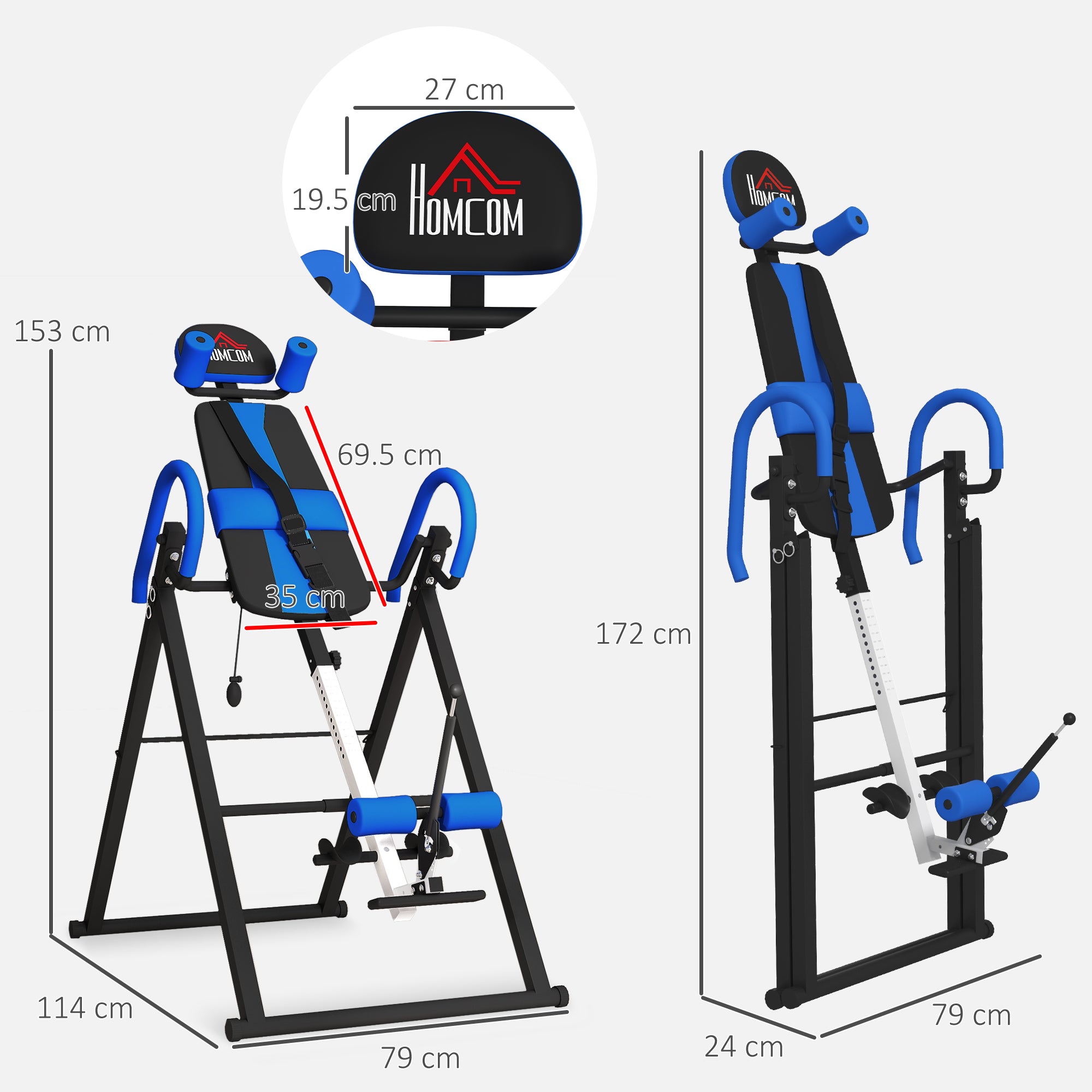 HOMCOM Gravity Inversion Table with Safety Belt Adjustable Hand Stand for Muscle Pain Relief, Blue