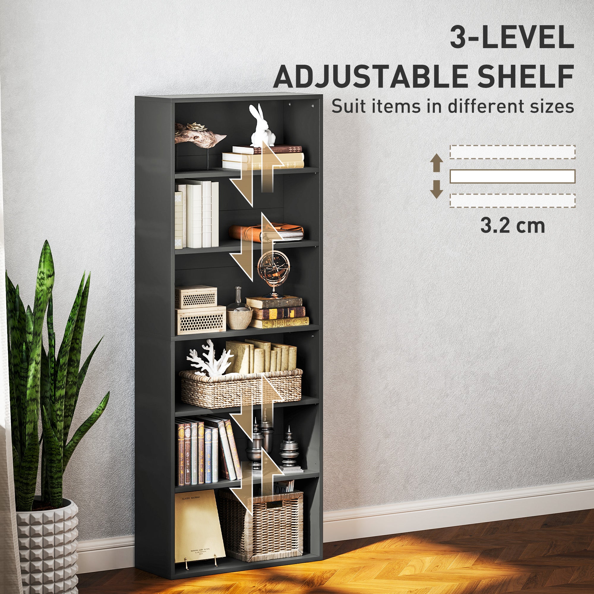 HOMCOM Six Shelf Bookcase - Black - North Peak Garden Furniture