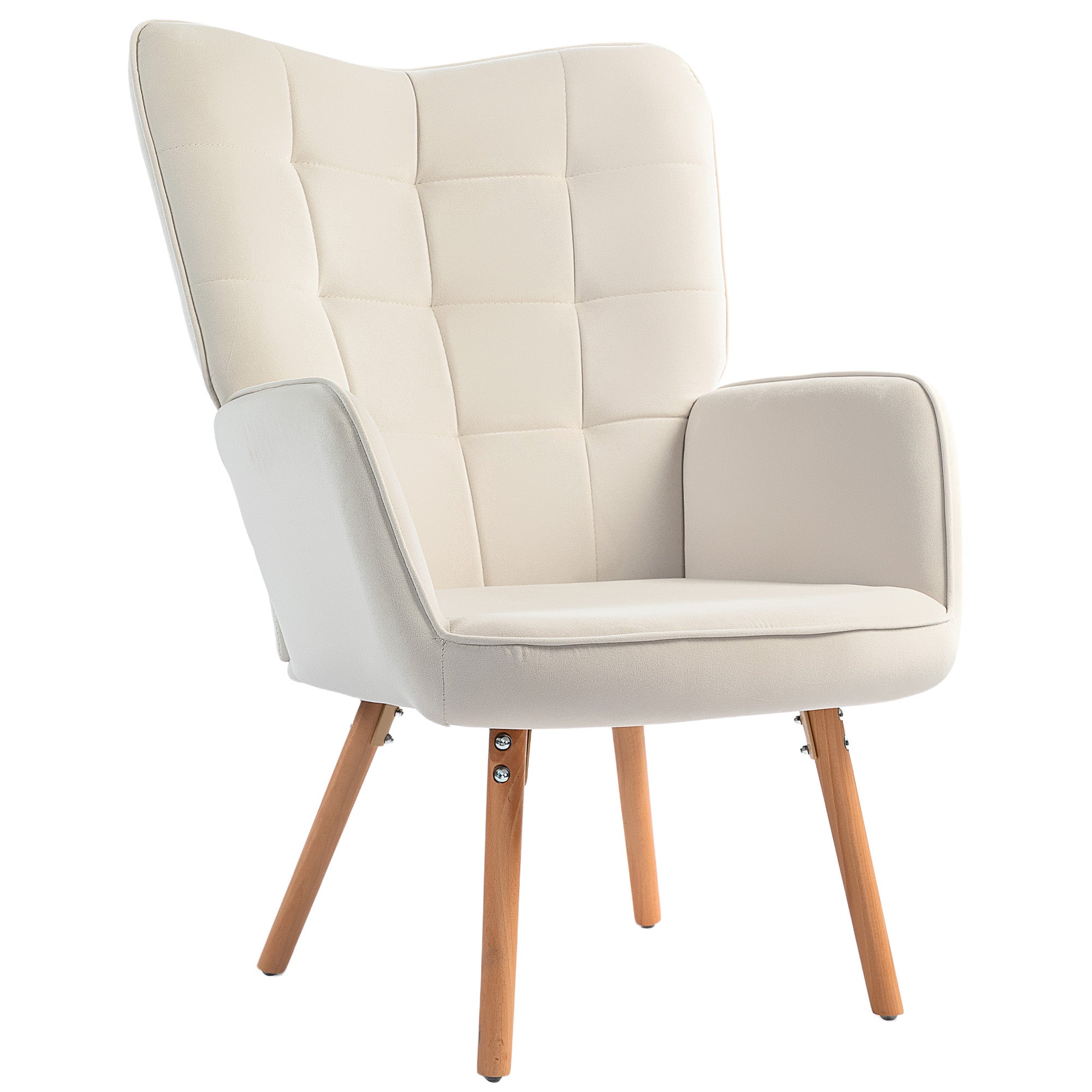HOMCOM Modern Accent Chair Velvet-Touch Tufted Wingback Armchair Upholstered Leisure Lounge Sofa Club Chair with Wood Legs, Cream White - North Peak Garden Furniture