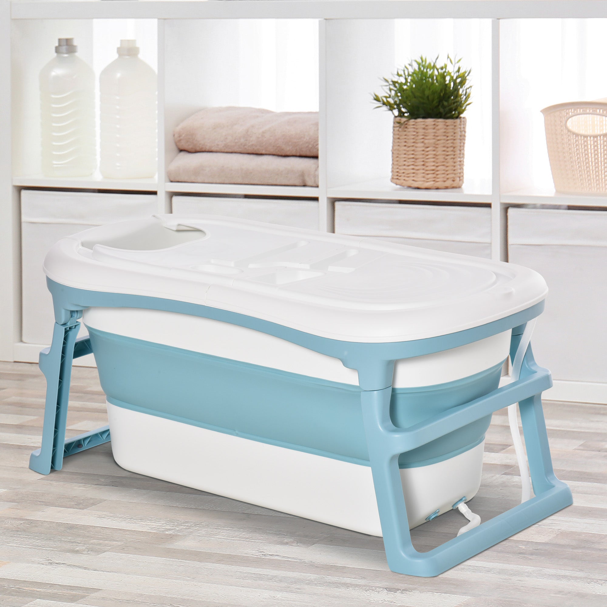 HOMCOM Foldable Bathtub Kids Bath Tub with Lid Large Freestanding Bathtubs Home Sauna for Toddler Children Teenage 1 - 12 Years