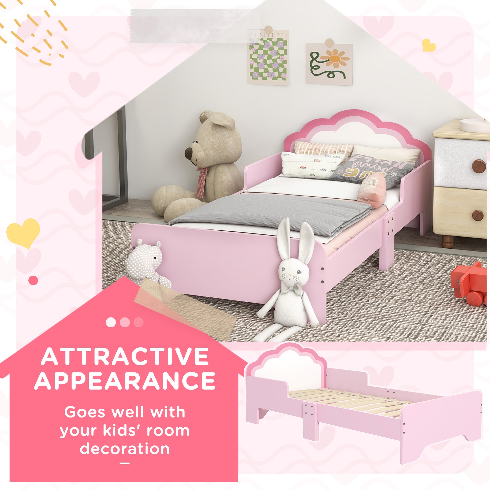 ZONEKIZ Toddler Bed Frame, Princess Bed for Kids, Cloud-Design, 143 x 74 x 55cm - Pink - North Peak Garden Furniture