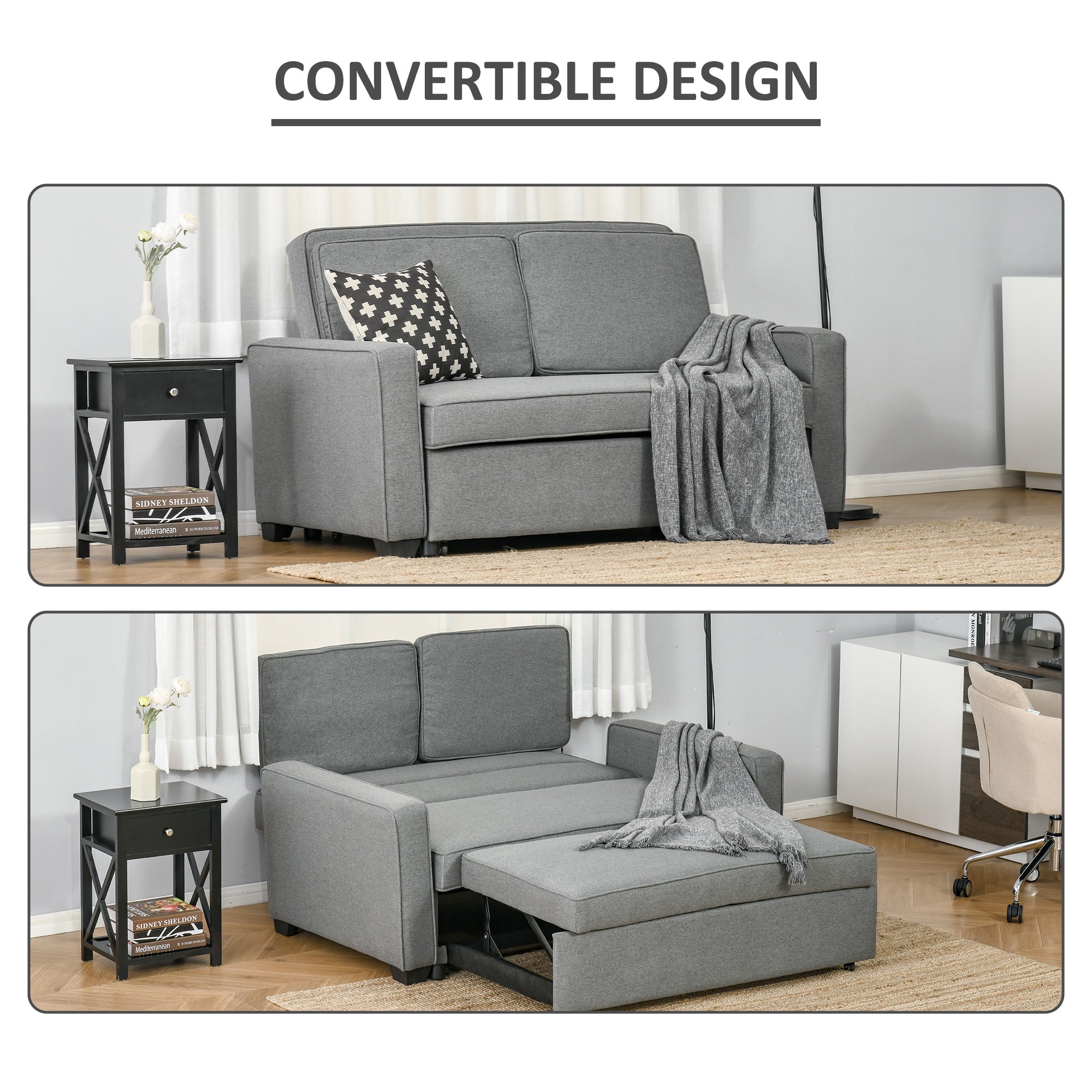 HOMCOM Double Sofa Bed Click Clack Sofa Bed Pull Out Bed with Adjustable Backrest for Living Room and Bedroom Grey - North Peak Garden Furniture